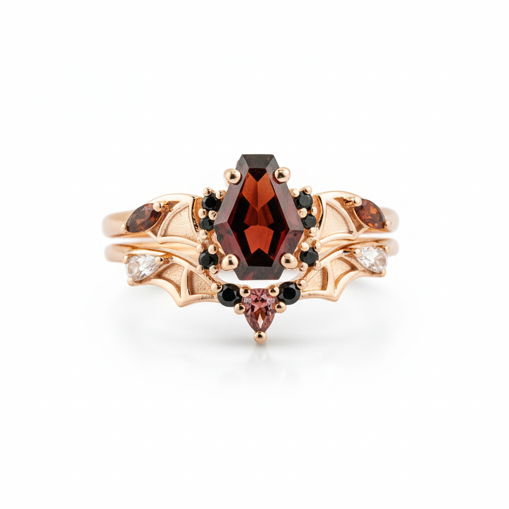 Coffin Garnet with Black Onyx Rose Gold Statement Ring Set Special Engagement Ring