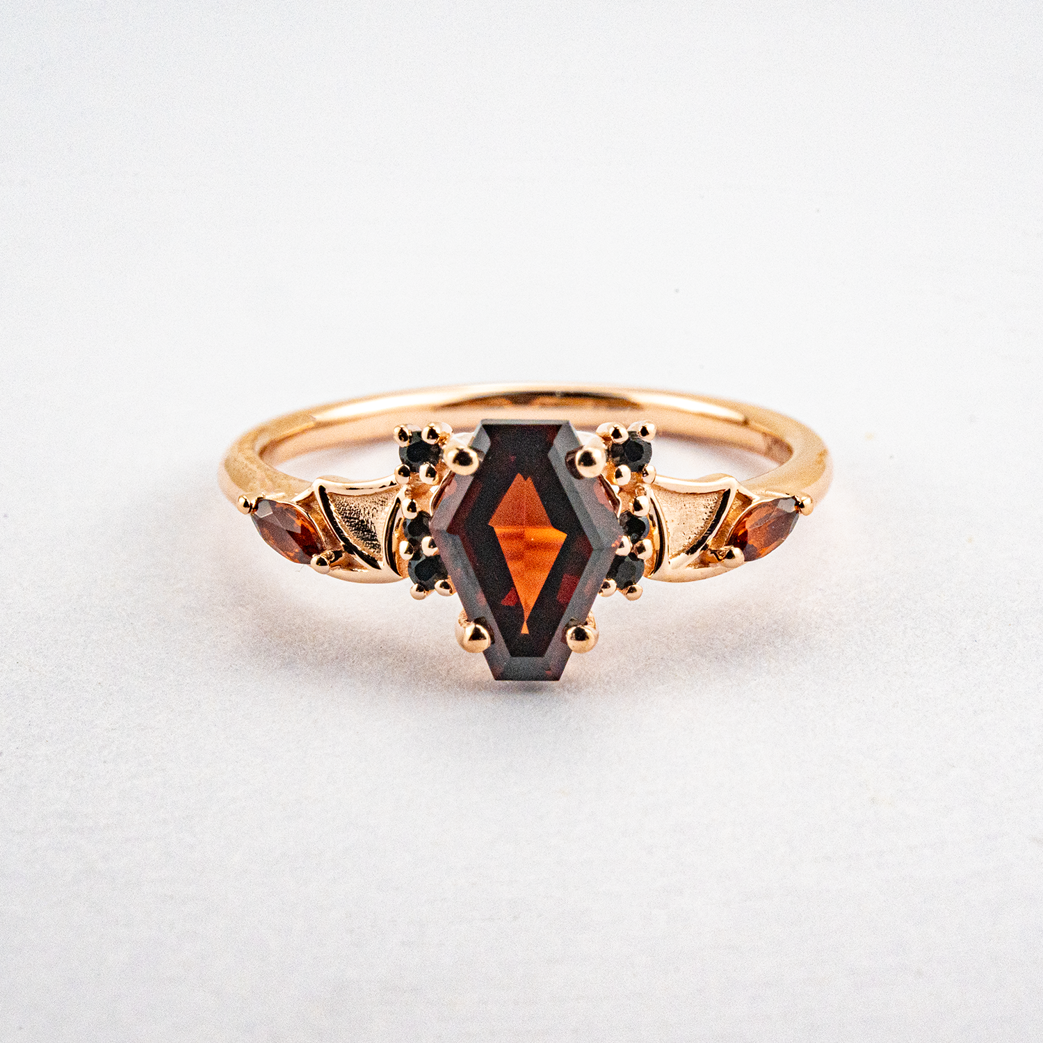 Coffin Garnet with Black Onyx Rose Gold Statement Ring Set Special Engagement Ring