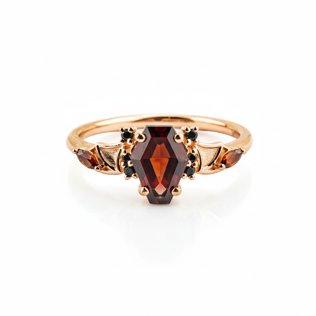 Coffin Garnet with Black Onyx Rose Gold Statement Ring Set Special Engagement Ring
