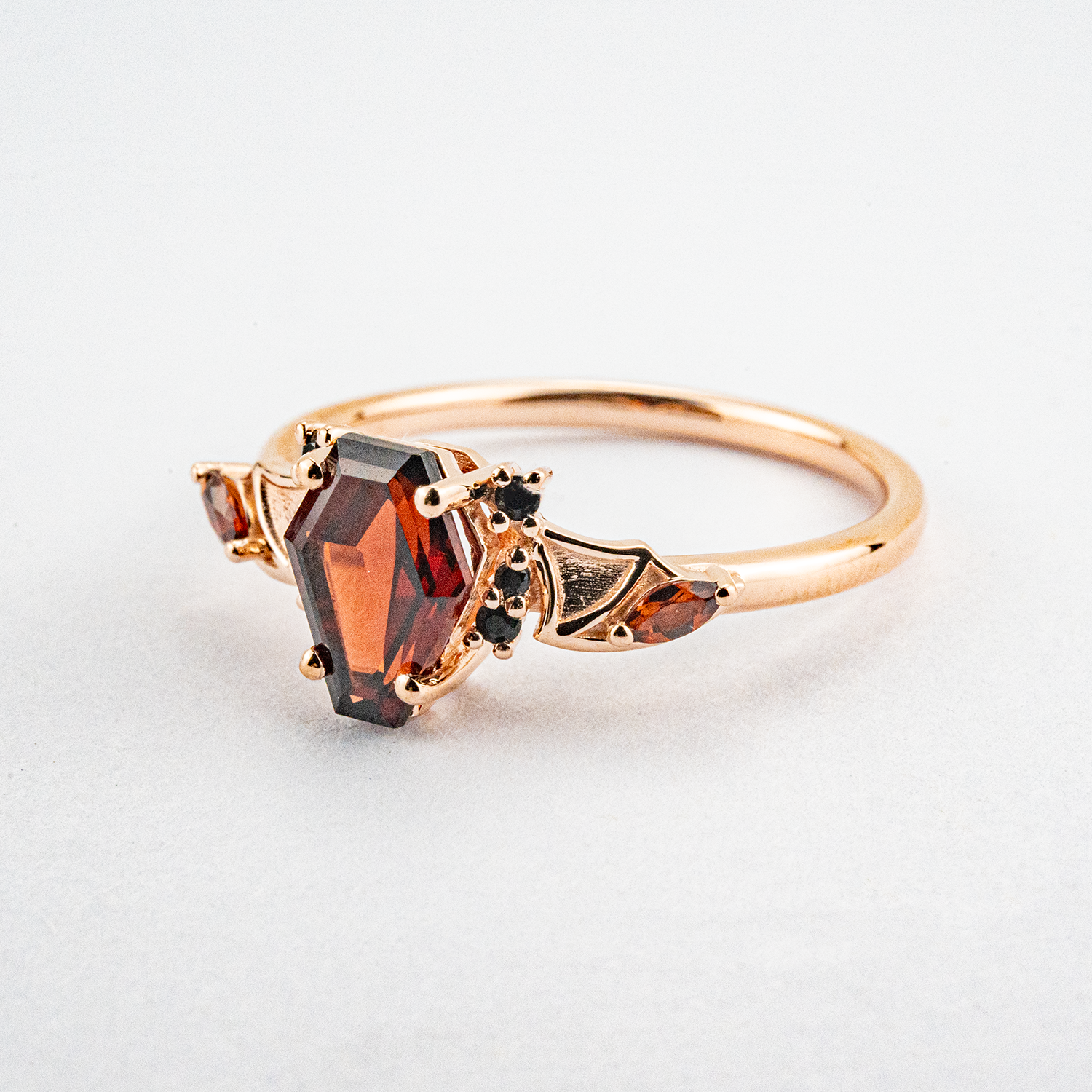 Coffin Garnet with Black Onyx Rose Gold Statement Ring Set Special Engagement Ring