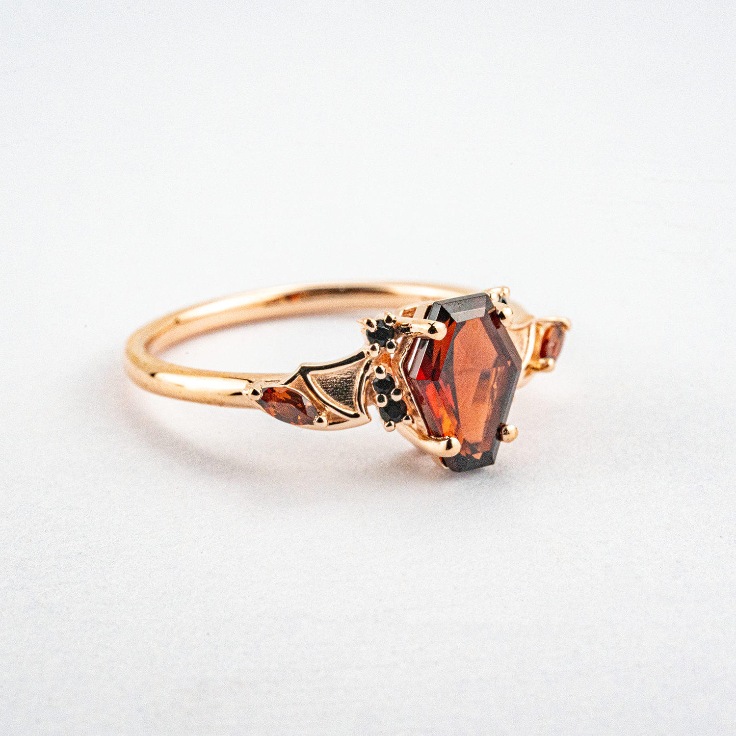 Coffin Garnet with Black Onyx Rose Gold Statement Ring Set Special Engagement Ring