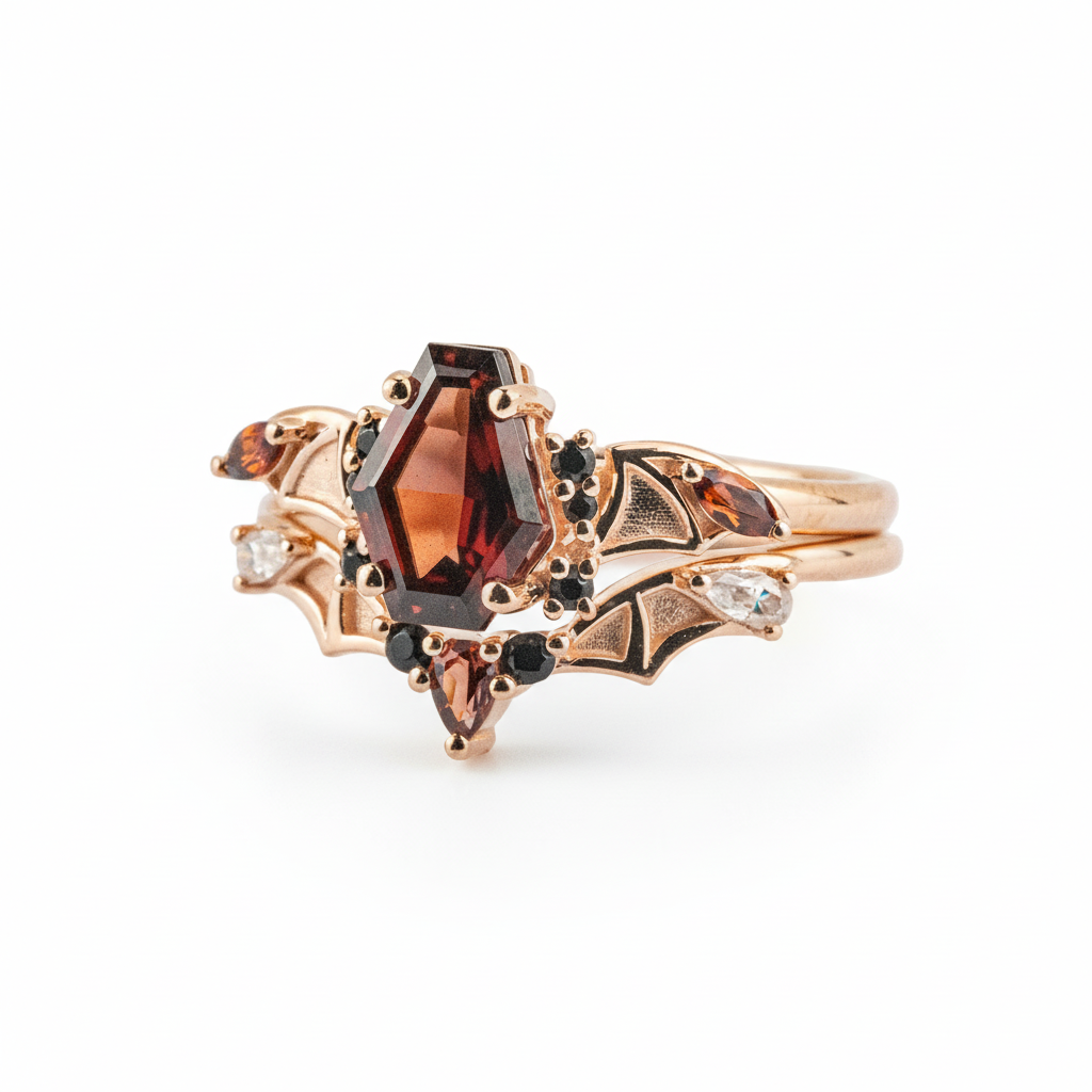 Coffin Garnet with Black Onyx Rose Gold Statement Ring Set Special Engagement Ring
