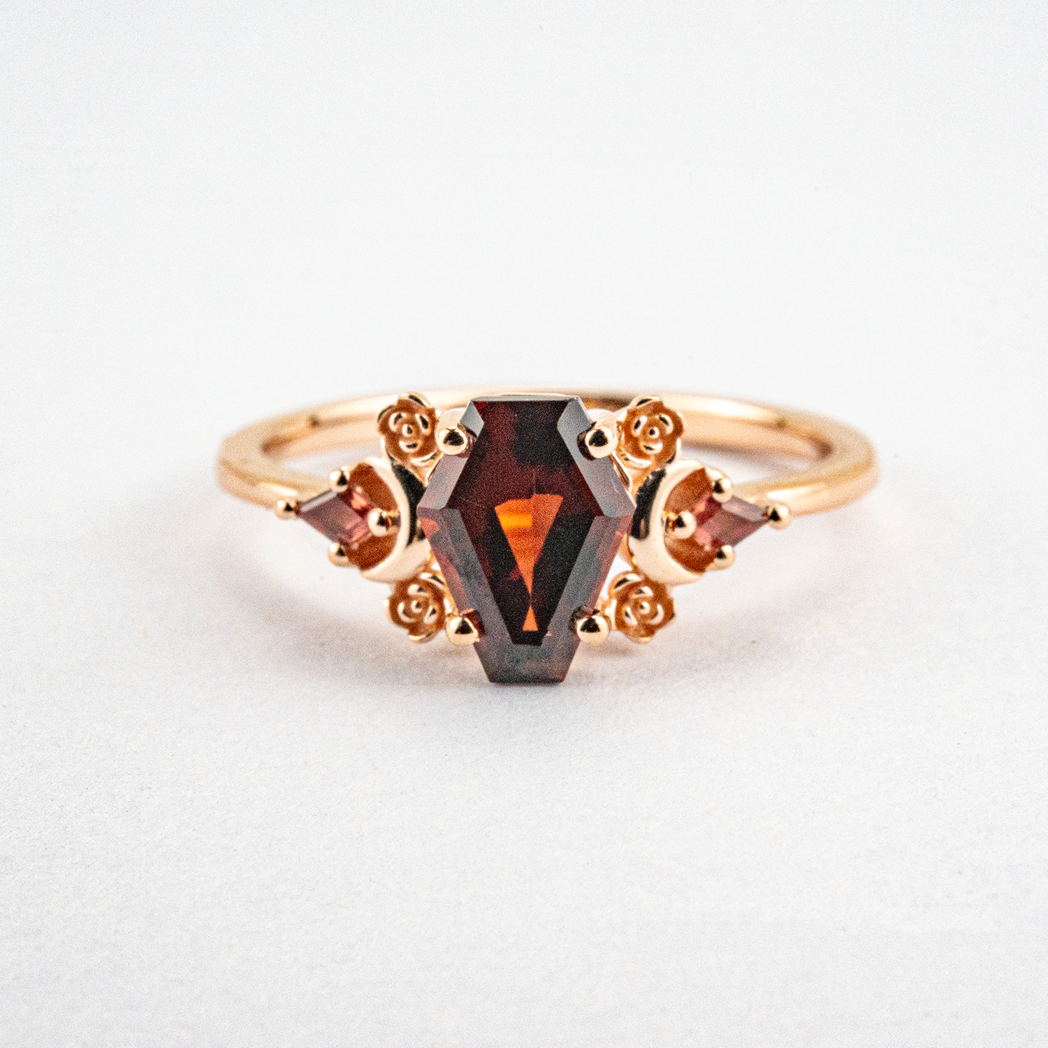 Coffin Shaped Garnet Rose Gold Fashion Ring Special Engagement Ring Three Stone Ring