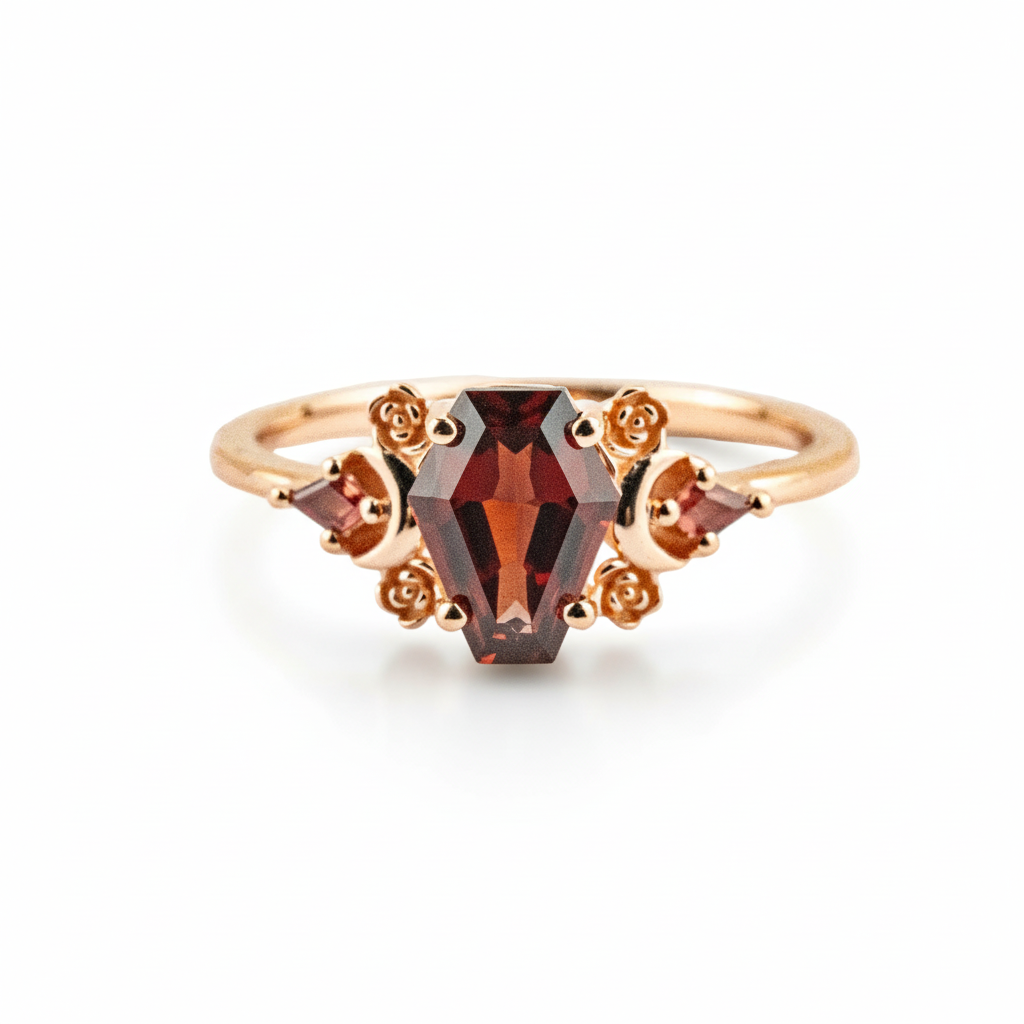 Coffin Shaped Garnet Rose Gold Fashion Ring Special Engagement Ring Three Stone Ring