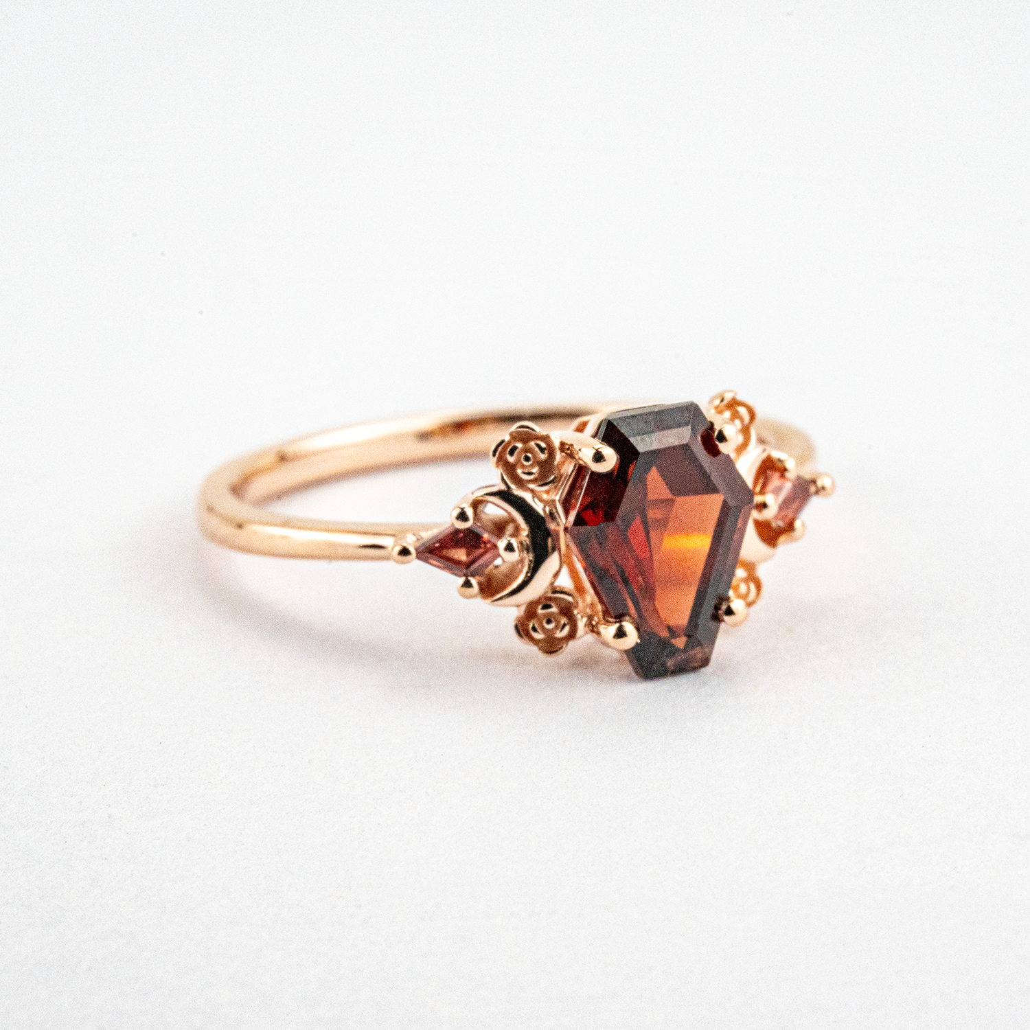 Coffin Shaped Garnet Rose Gold Fashion Ring Special Engagement Ring Three Stone Ring