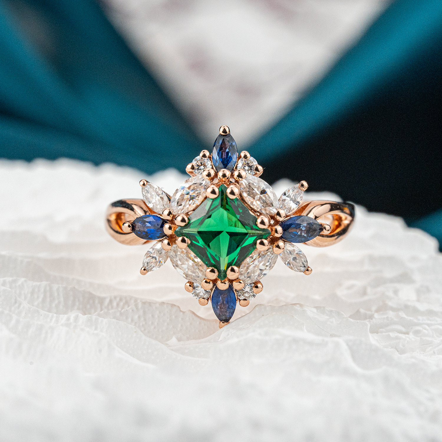 Princess Lab Emerald With Lab Sapphire&Moissanite Gold Ring.