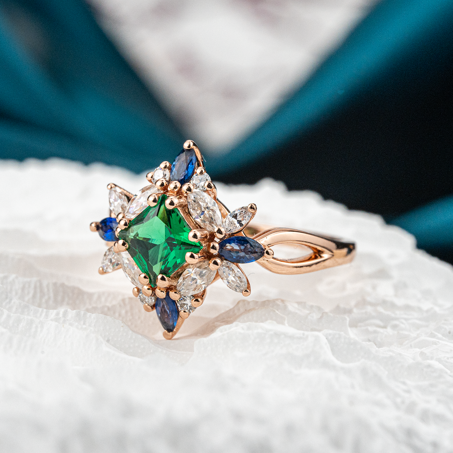 Princess Lab Emerald With Lab Sapphire&Moissanite Gold Ring.
