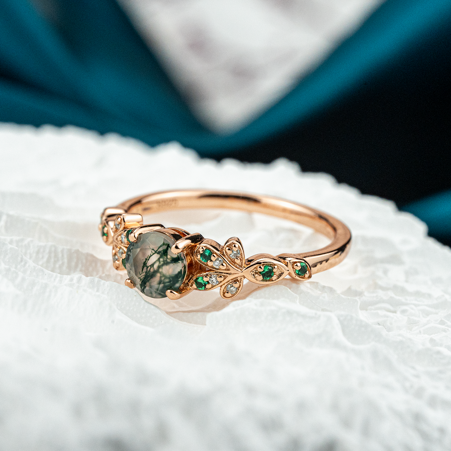 Round Moss Agate Rose Gold Ring.