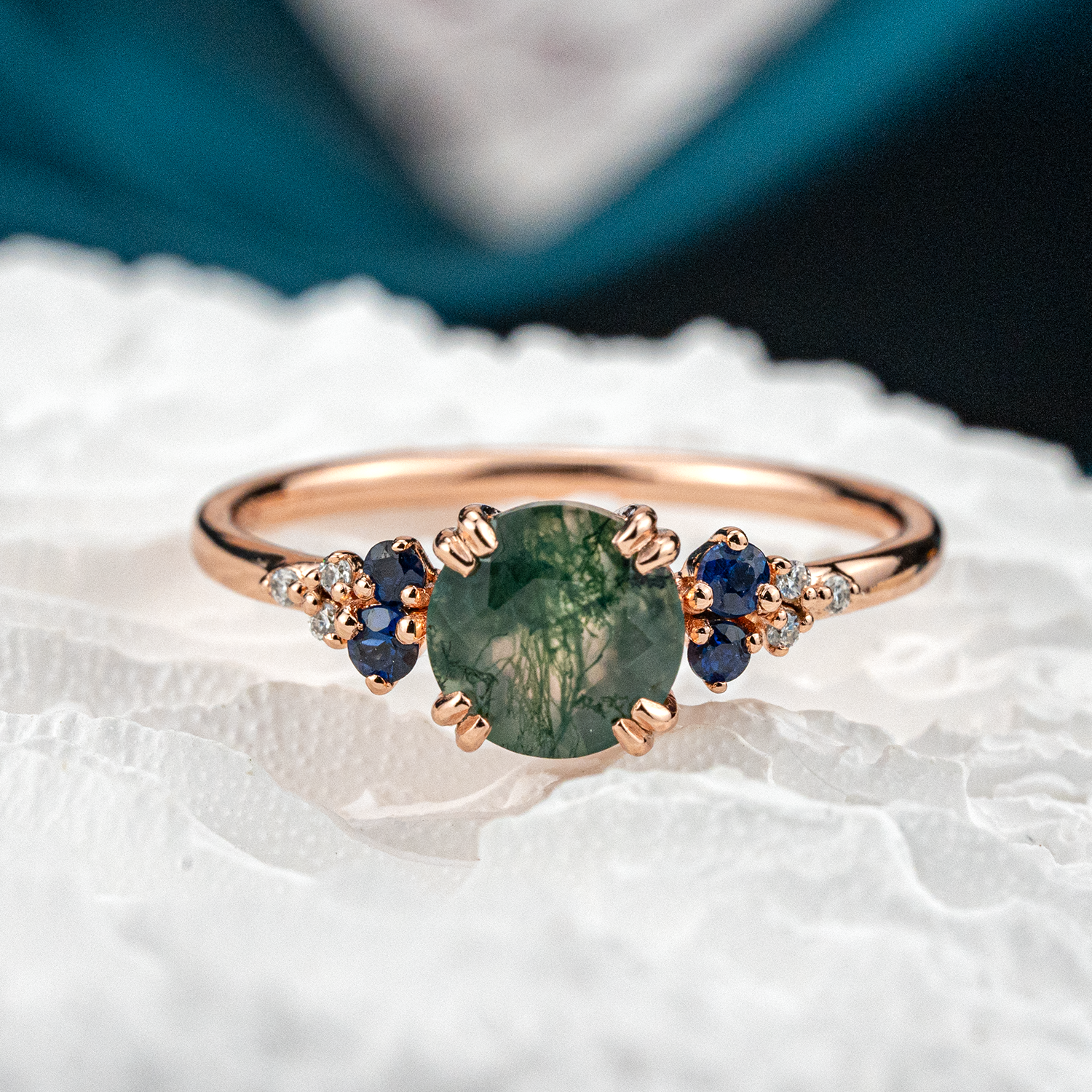 Round Moss Agate Ring with Sapphires, Classic Design, Rose gold rings - Elegant Jewelry for Women