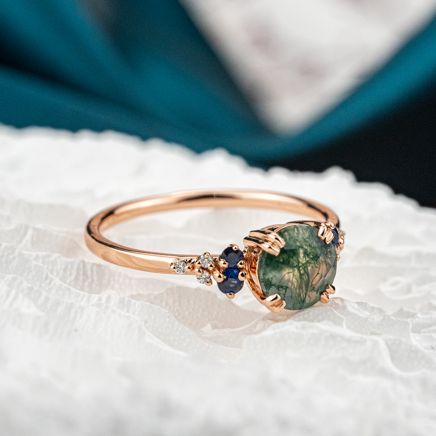 Round Moss Agate Ring with Sapphires, Classic Design, Rose gold rings - Elegant Jewelry for Women