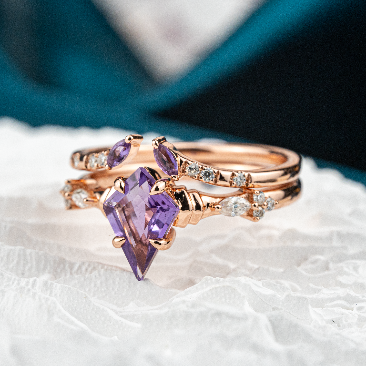 Kite Amethyst Rose Gold Engagement Ring Set - Stunning jewelry for special occasions