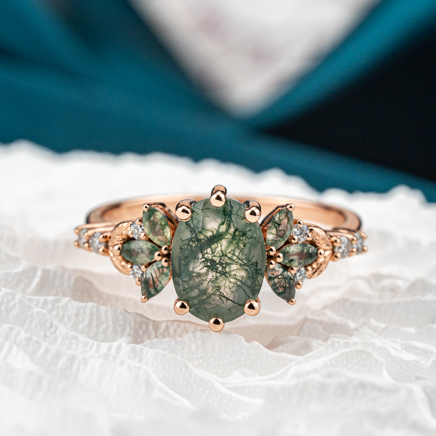 Oval Moss Agate Ring with Moissanite Nature-Inspired Design