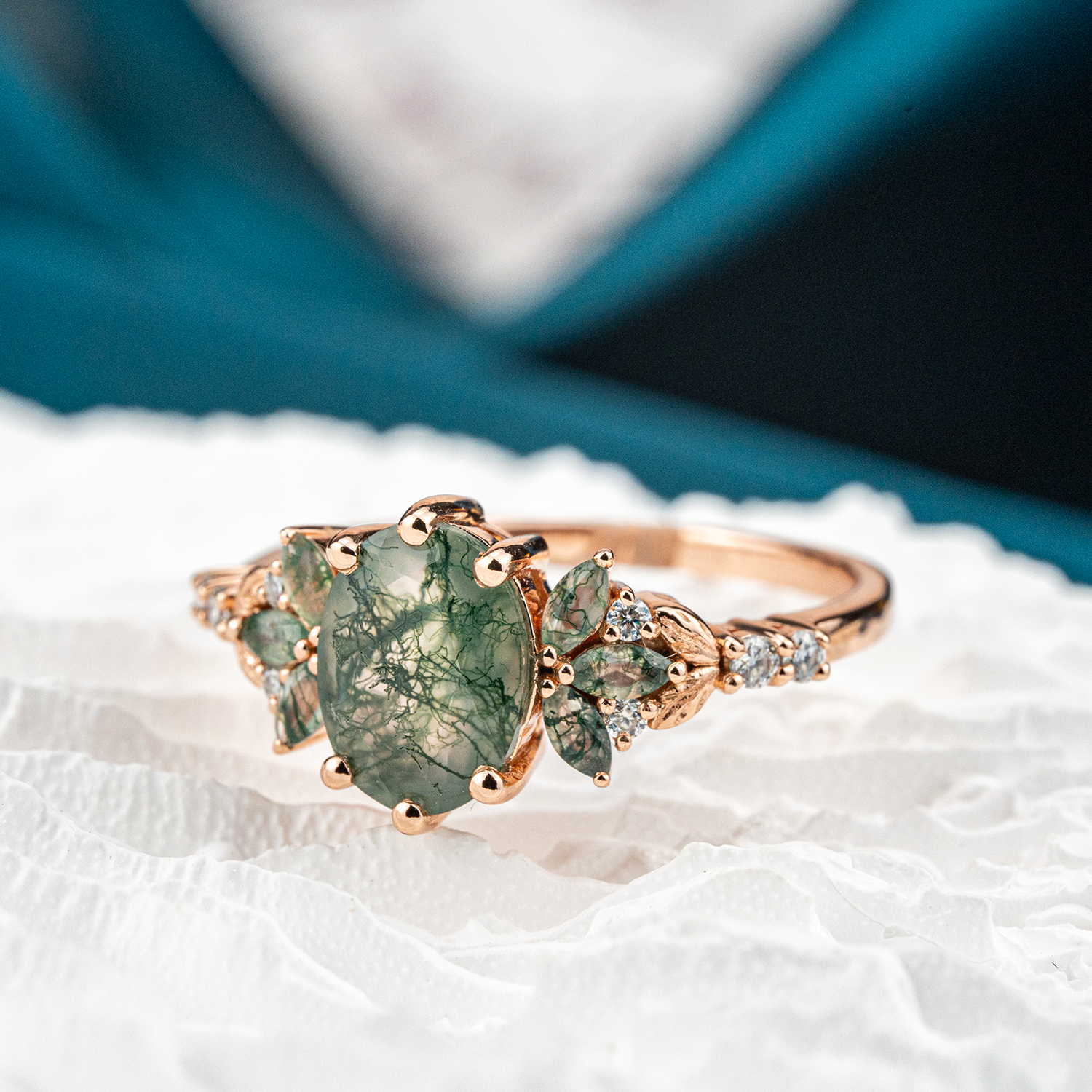 Oval Moss Agate Ring with Moissanite Nature-Inspired Design