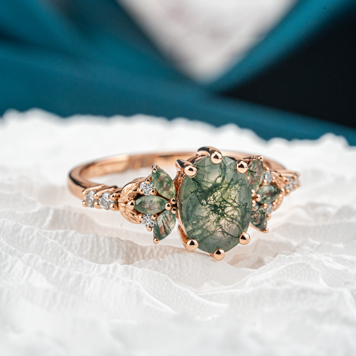 Oval Moss Agate Ring with Moissanite Nature-Inspired Design