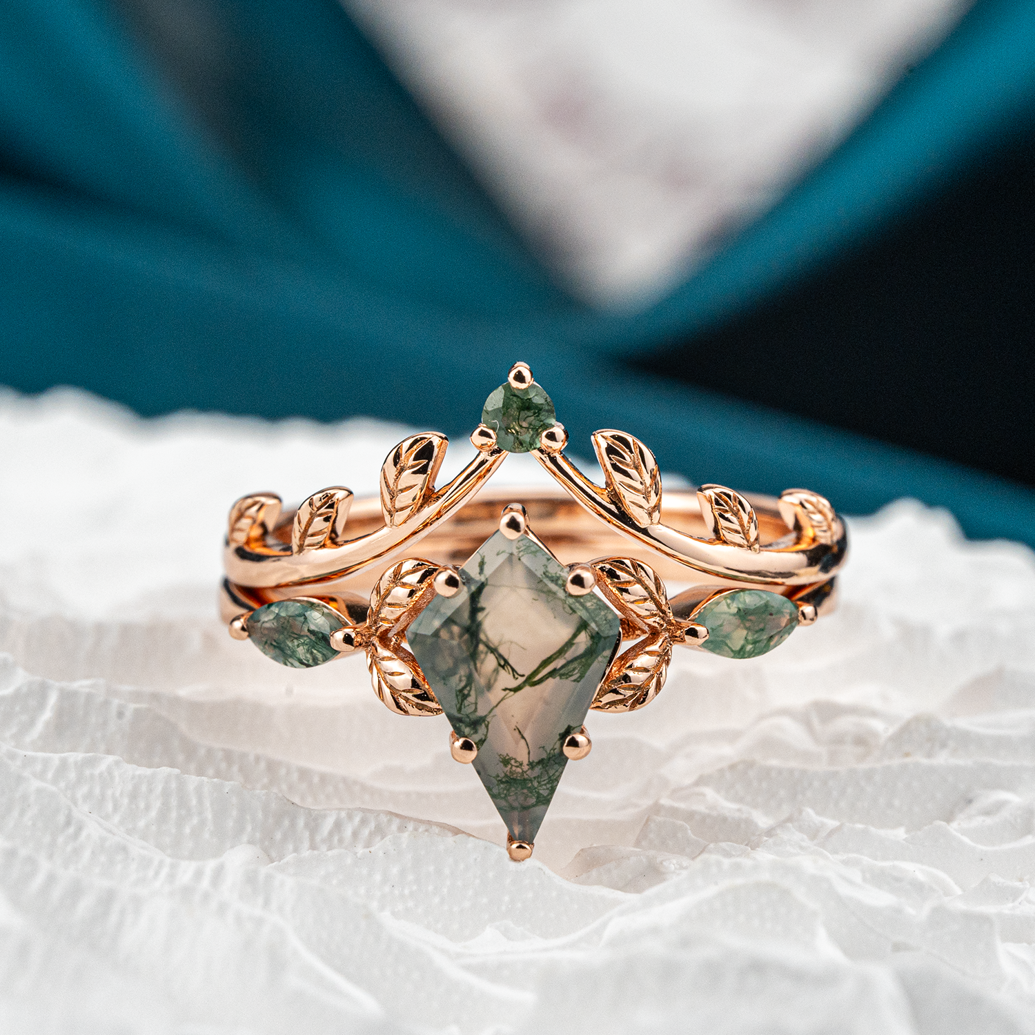 Kite Moss Agate Leaf Ring Set - Nature Inspired Jewelry