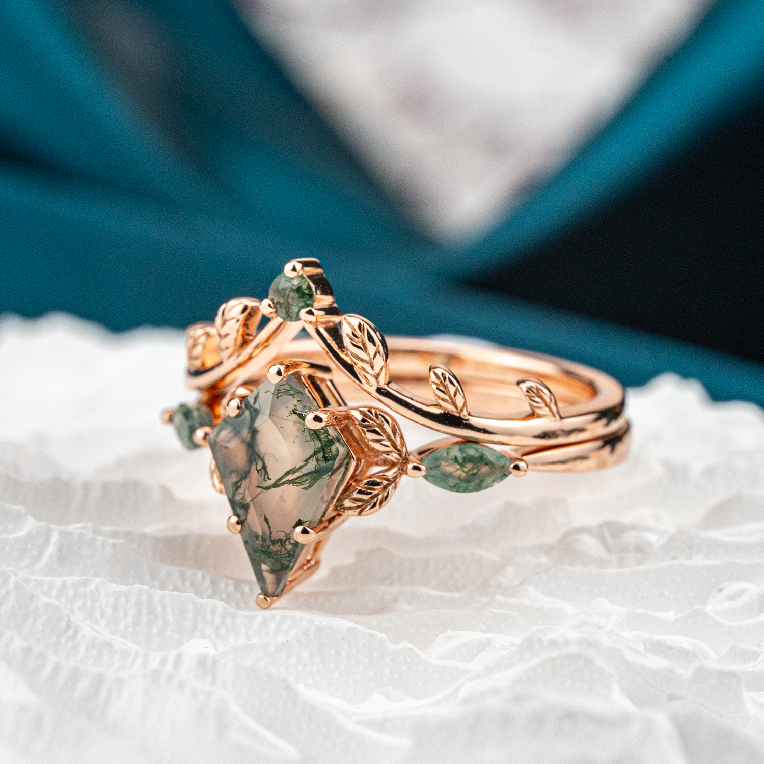 Kite Moss Agate Leaf Ring Set - Nature Inspired Jewelry
