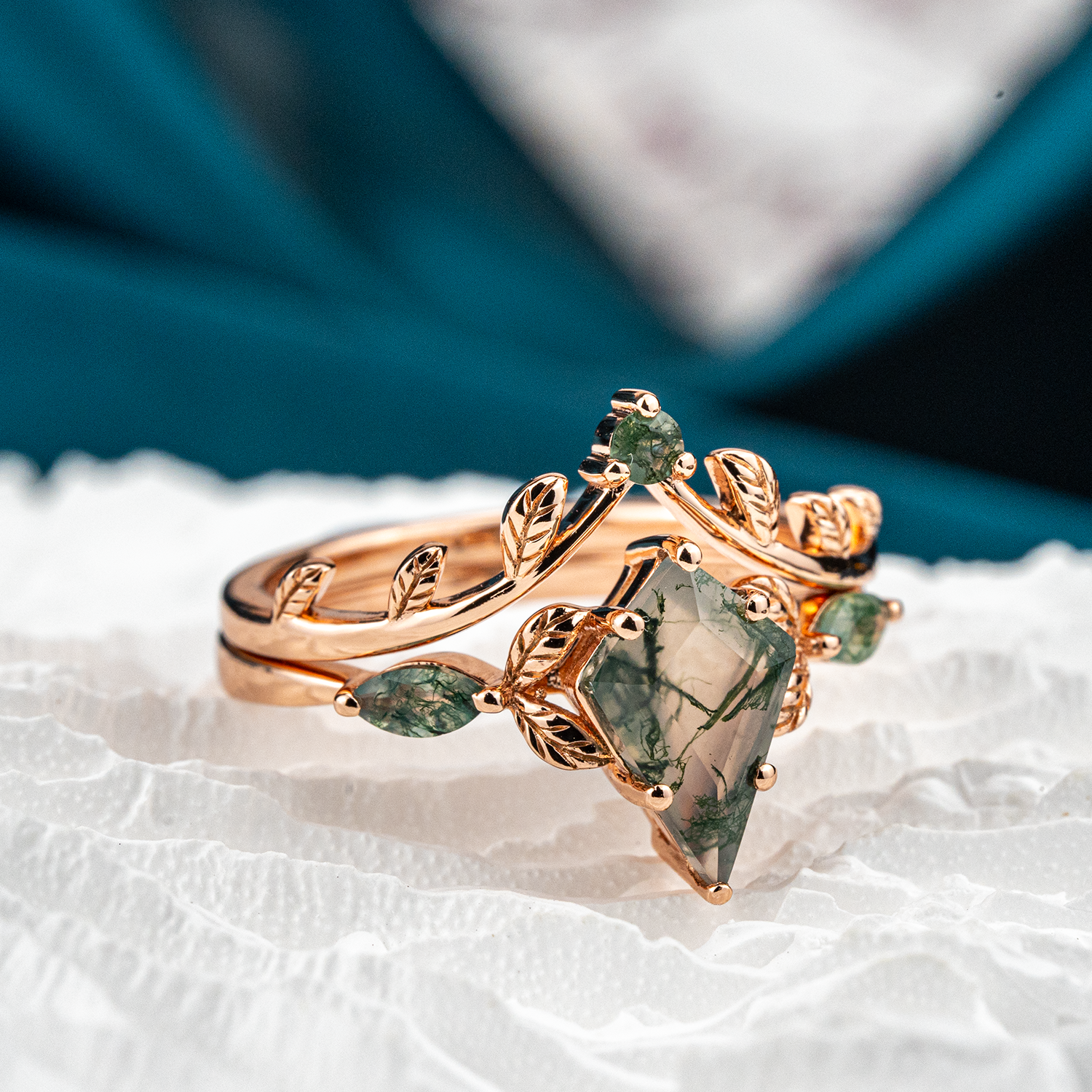 Kite Moss Agate Leaf Ring Set - Nature Inspired Jewelry