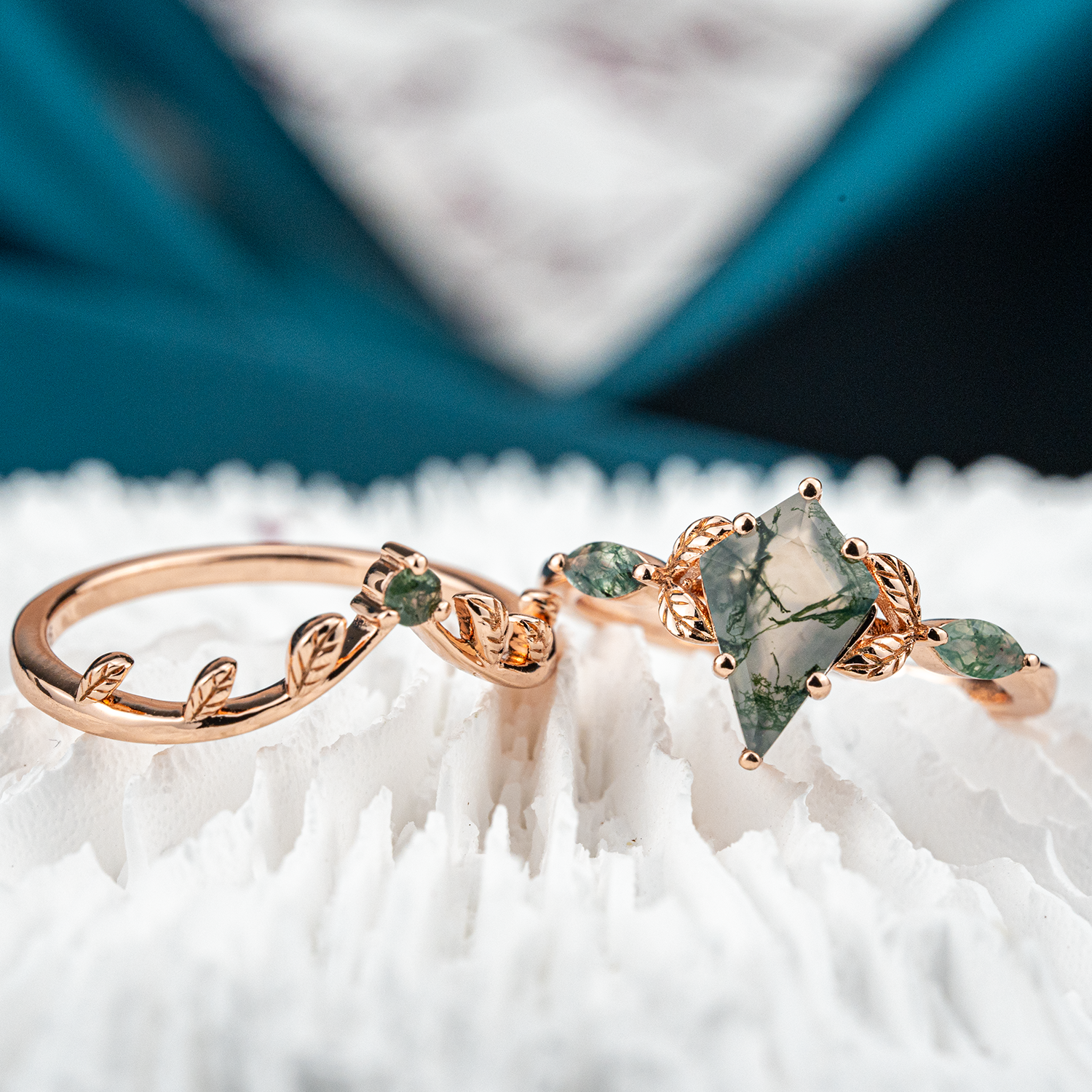 Kite Moss Agate Leaf Ring Set - Nature Inspired Jewelry