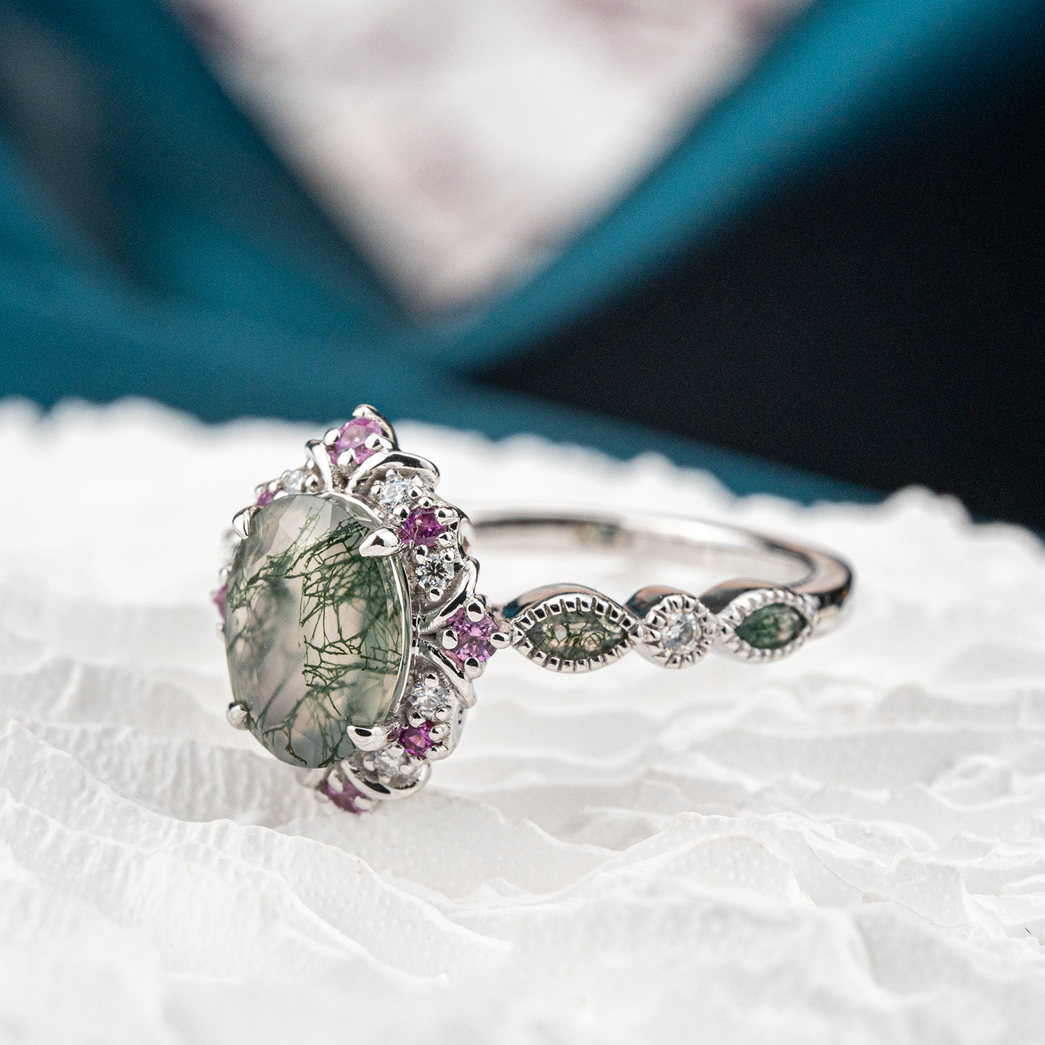 Oval Moss Agate With Amethyst Gold Ring Nature Inspired Design.