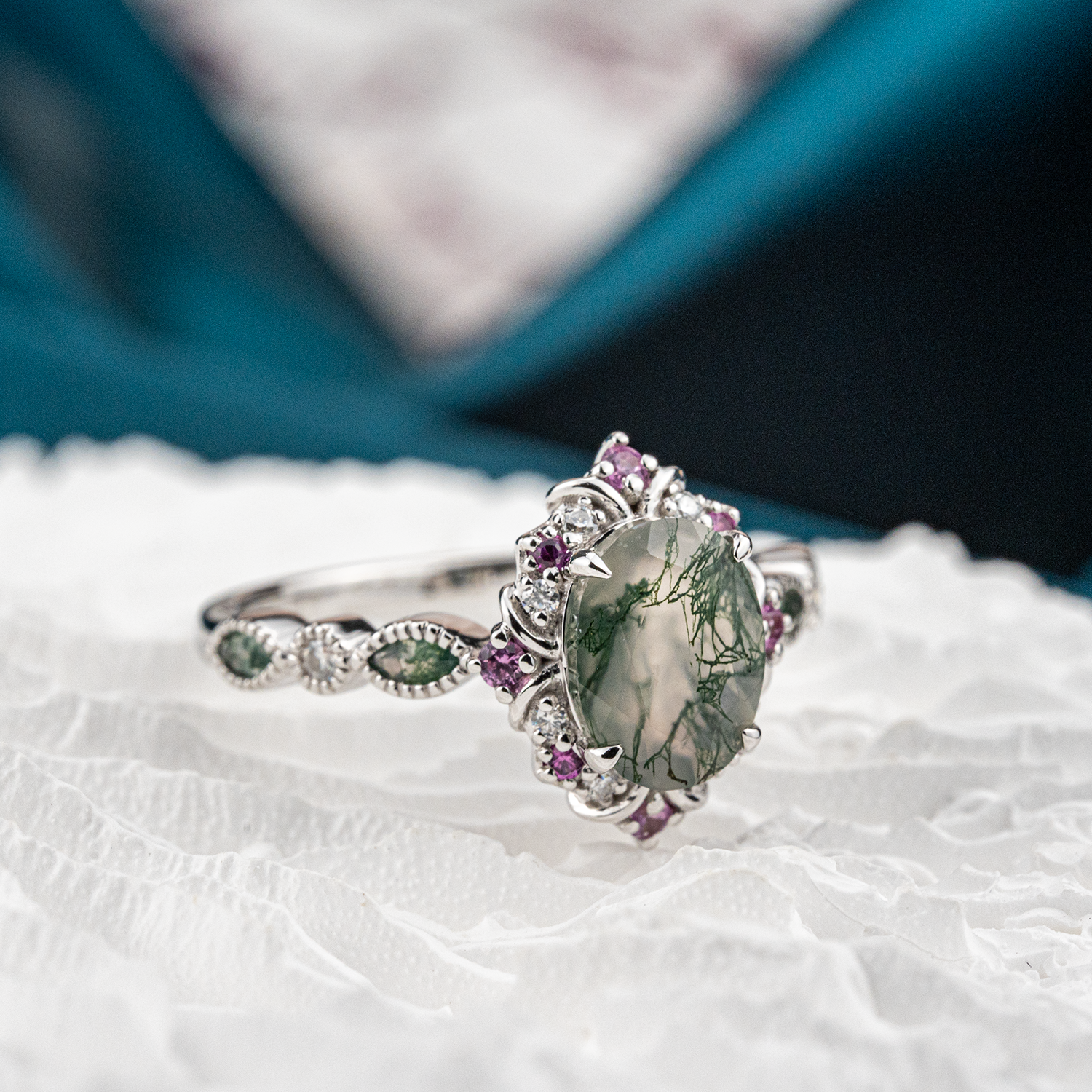 Oval Moss Agate With Amethyst Gold Ring Nature Inspired Design.