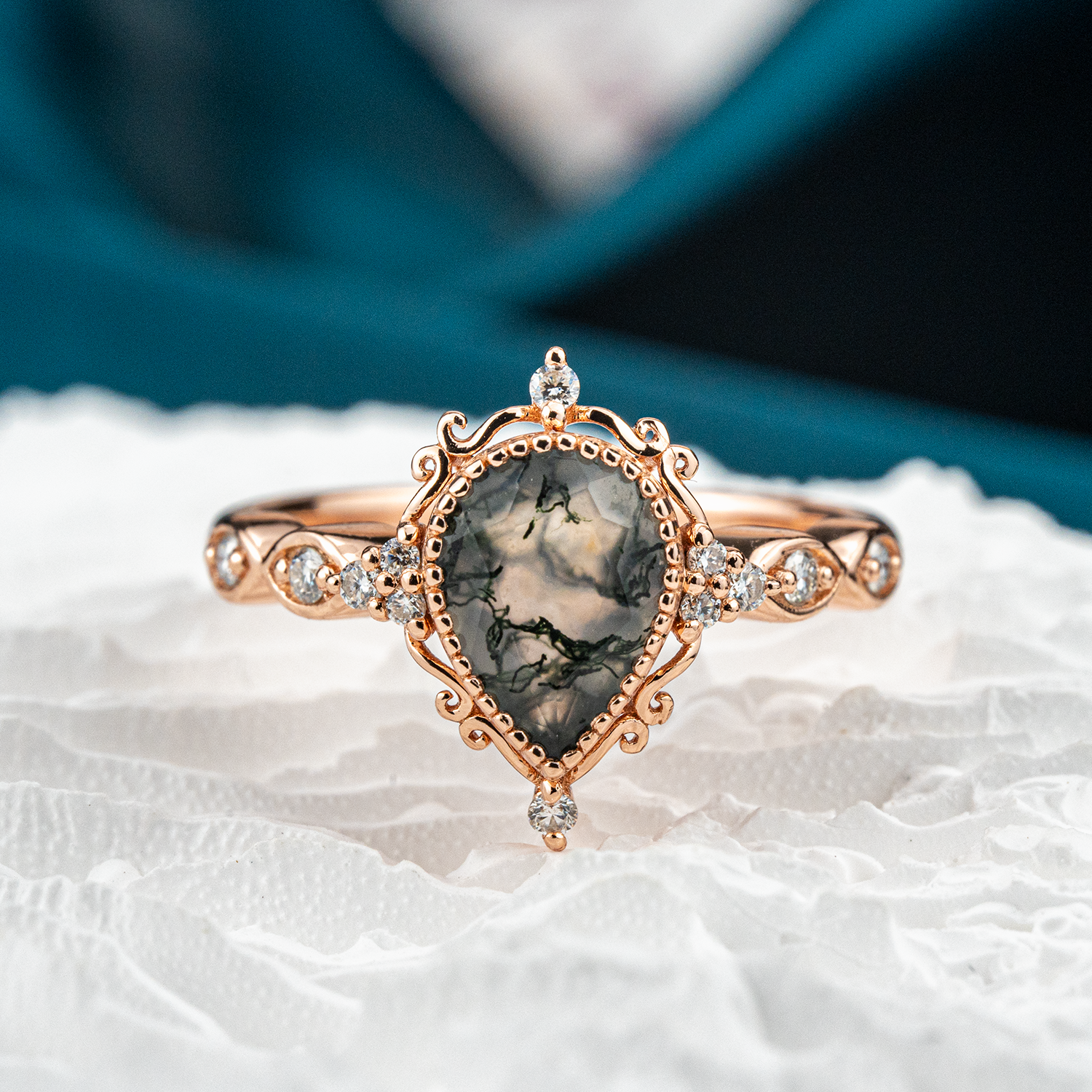 Wedding Ring with Pear Moss Agate Stone - Unique and Luxurious Design