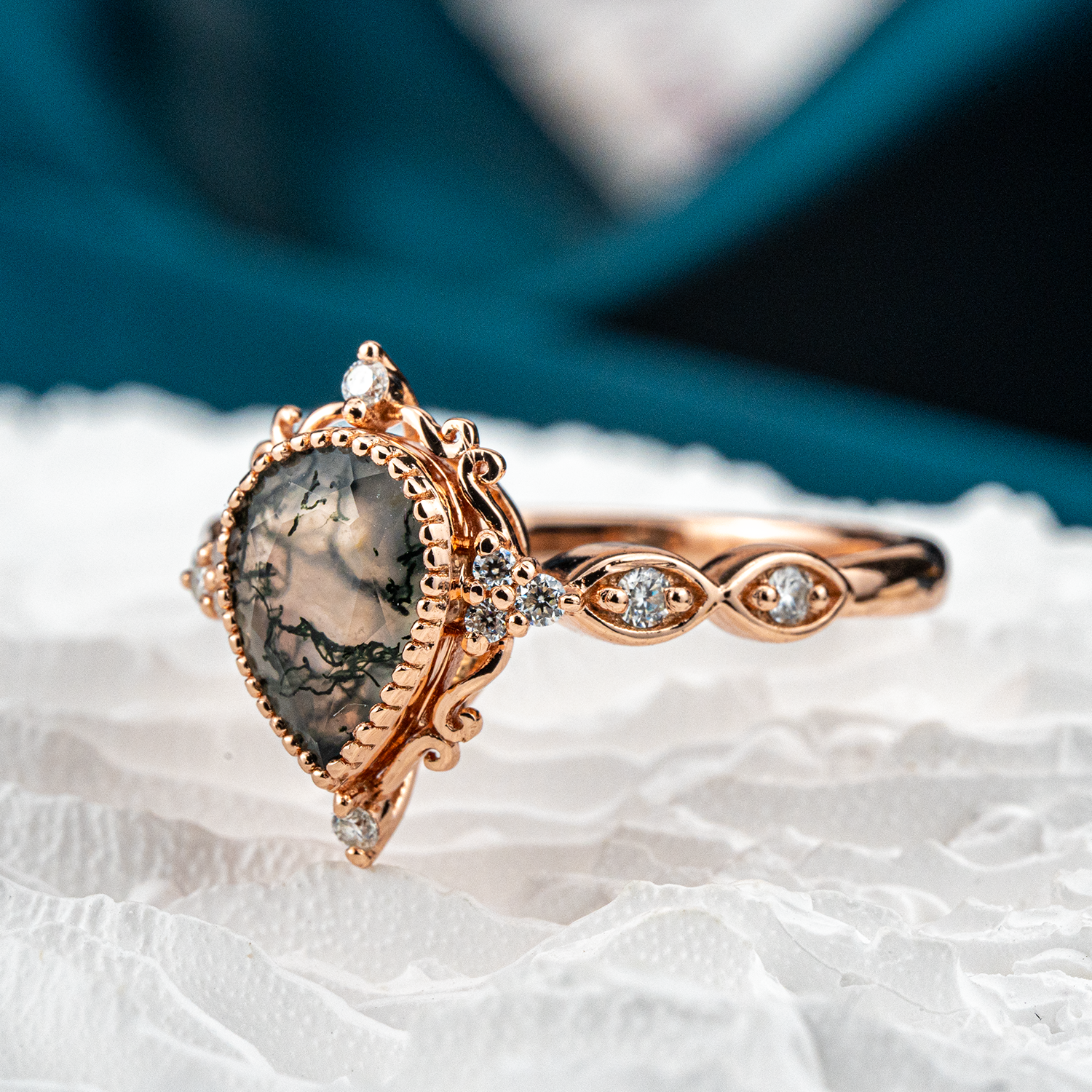 Wedding Ring with Pear Moss Agate Stone - Unique and Luxurious Design