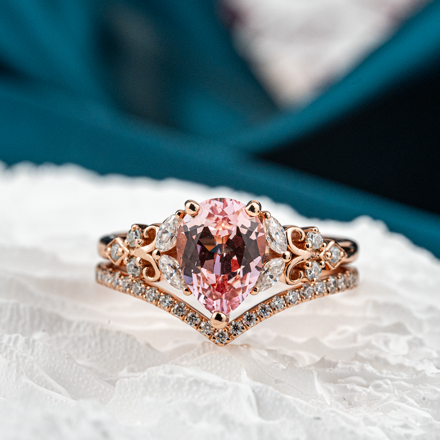 Rose Quartz and Moissanite Engagement Ring Set - Elegant, Sparkling, Alternative Gemstones