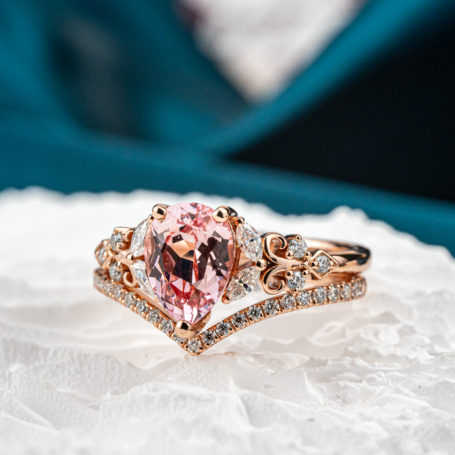 Rose Quartz and Moissanite Engagement Ring Set - Elegant, Sparkling, Alternative Gemstones