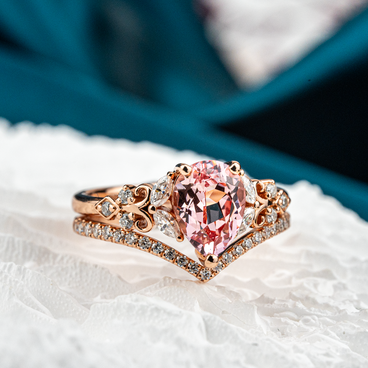 Rose Quartz and Moissanite Engagement Ring Set - Elegant, Sparkling, Alternative Gemstones