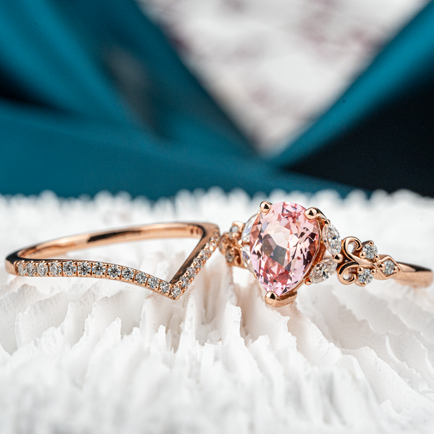 Rose Quartz and Moissanite Engagement Ring Set - Elegant, Sparkling, Alternative Gemstones