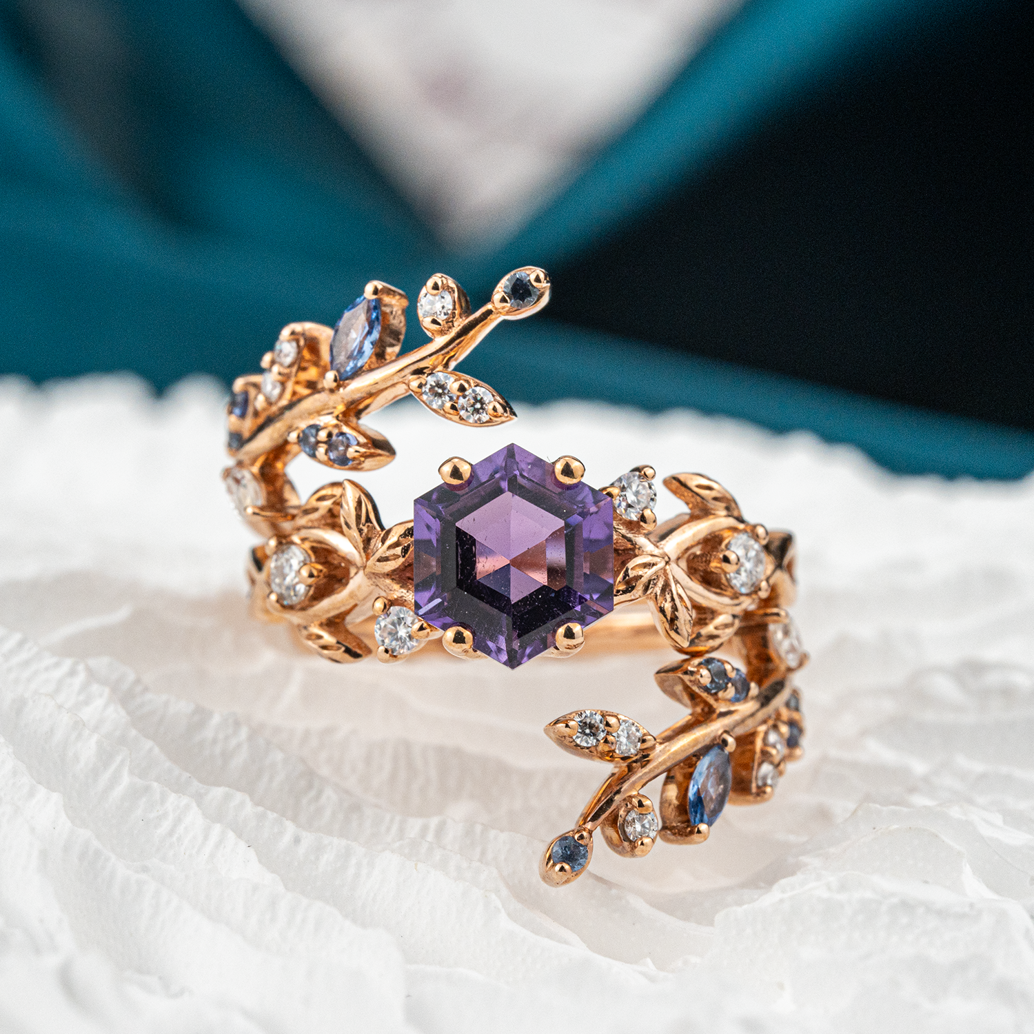 Stylish Hexagon Amethyst and Leaf Ring Set - Handcrafted craftsmanship, unique wedding set option