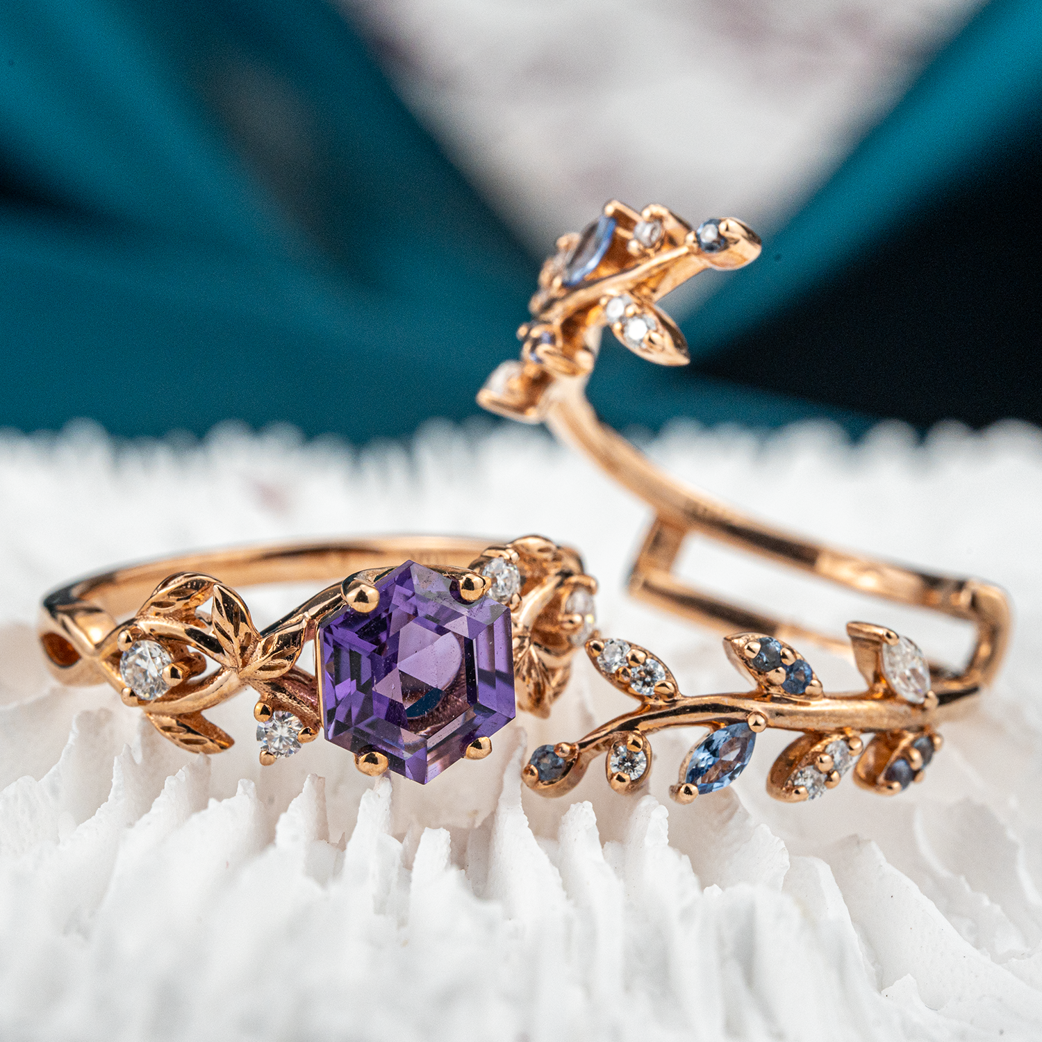 Stylish Hexagon Amethyst and Leaf Ring Set - Handcrafted craftsmanship, unique wedding set option