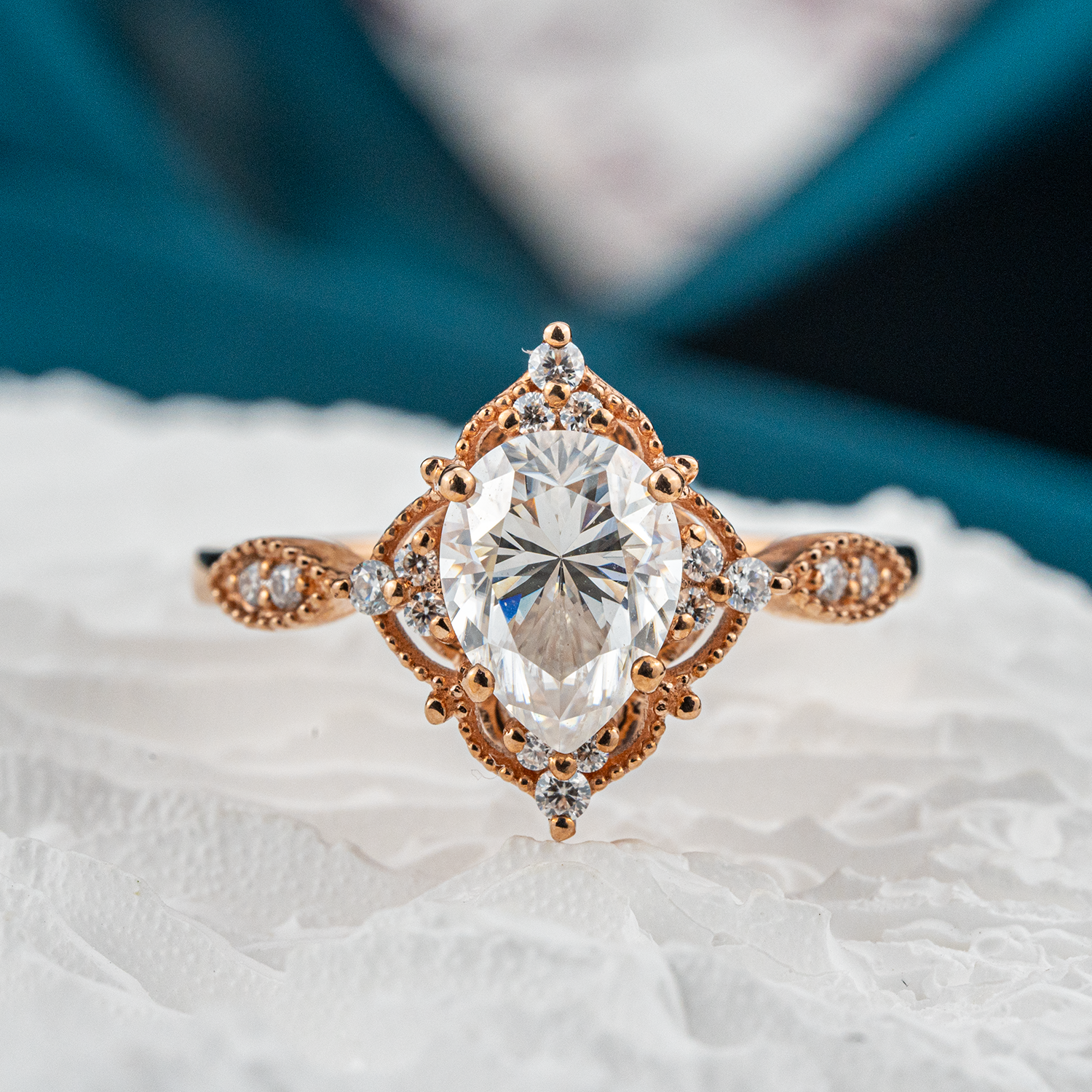 Exquisite pear Moissanite ring in stunning rose gold, perfect for vintage-inspired engagement