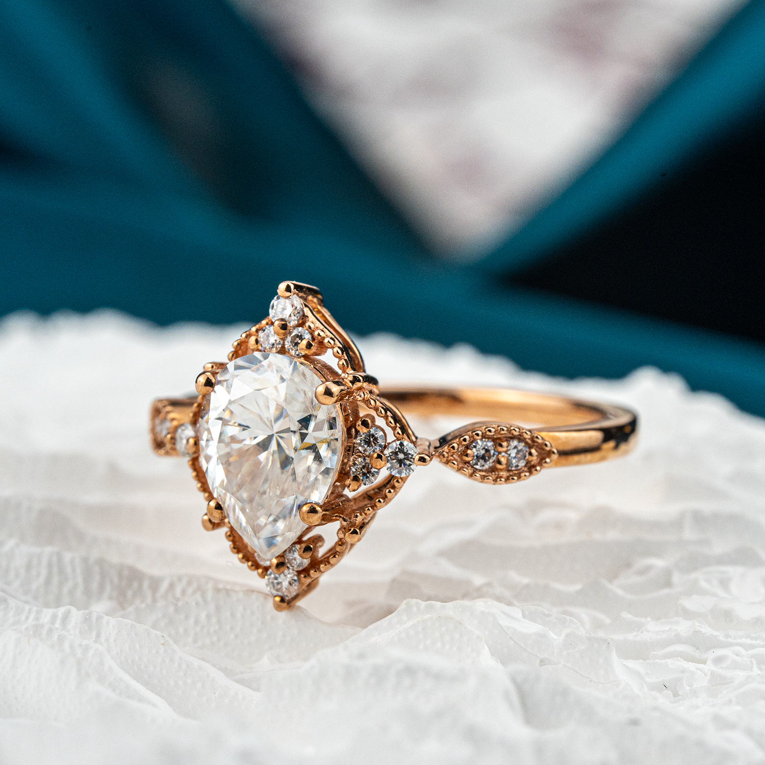 Exquisite pear Moissanite ring in stunning rose gold, perfect for vintage-inspired engagement