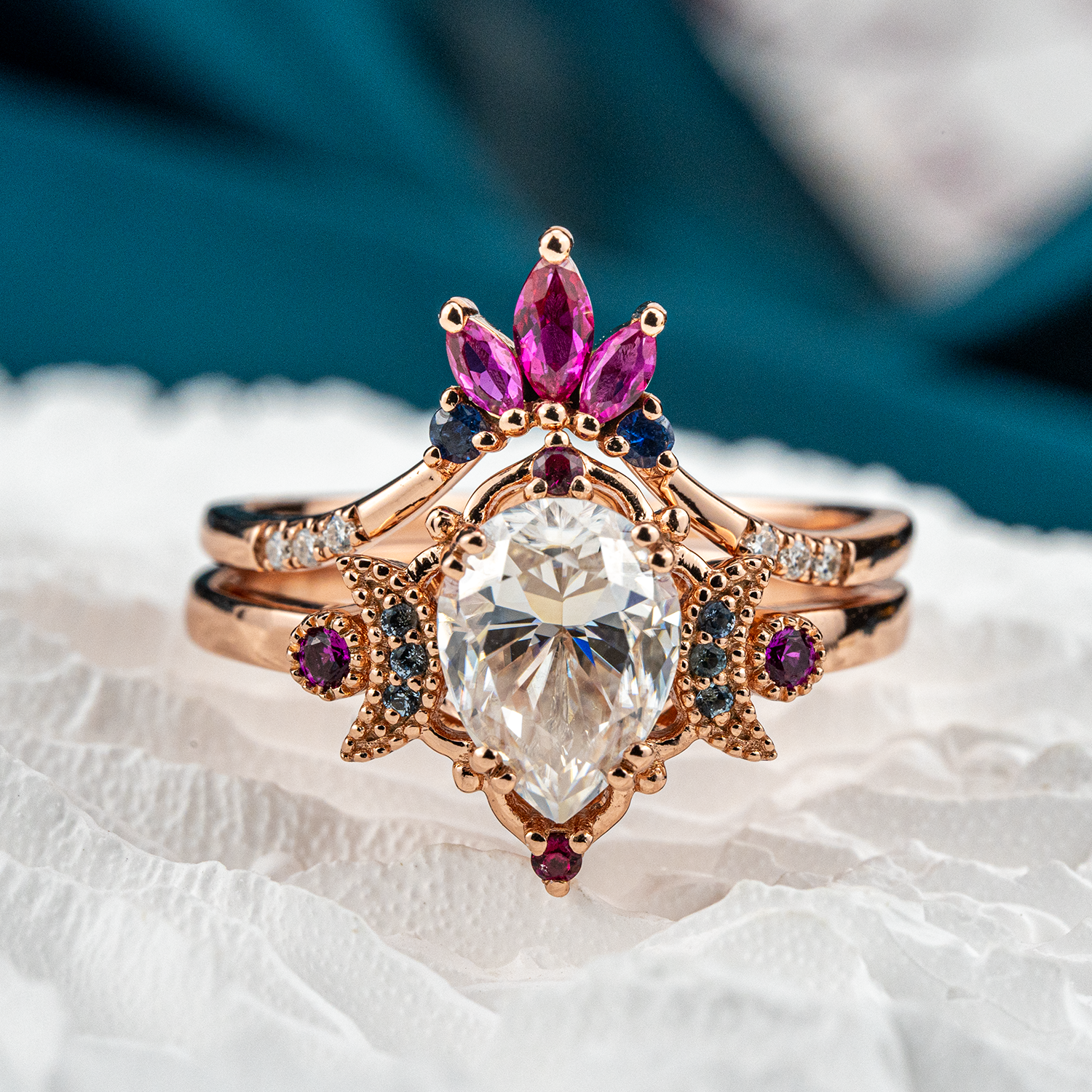 Pear Moissanite&Amethyst Engagement Ring Set.