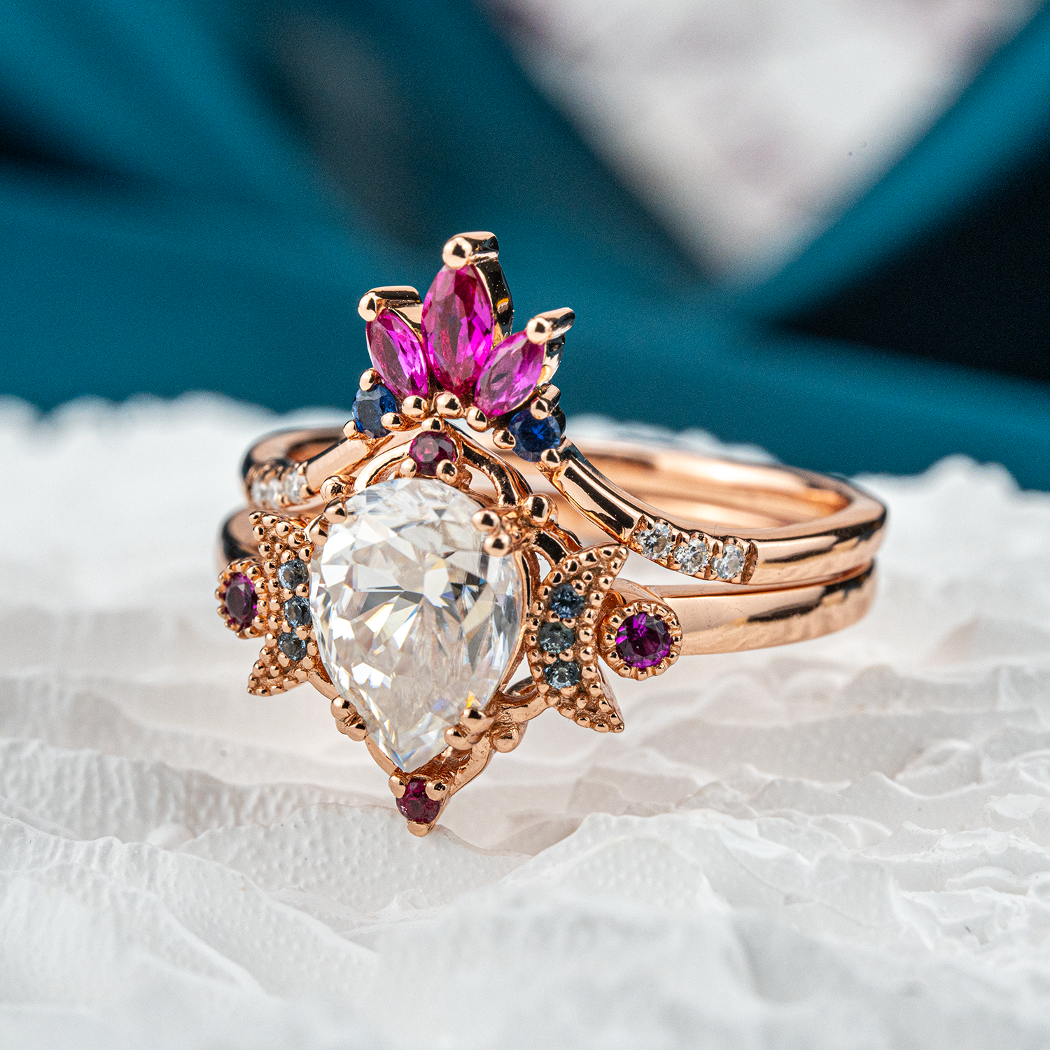 Pear Moissanite&Amethyst Engagement Ring Set.