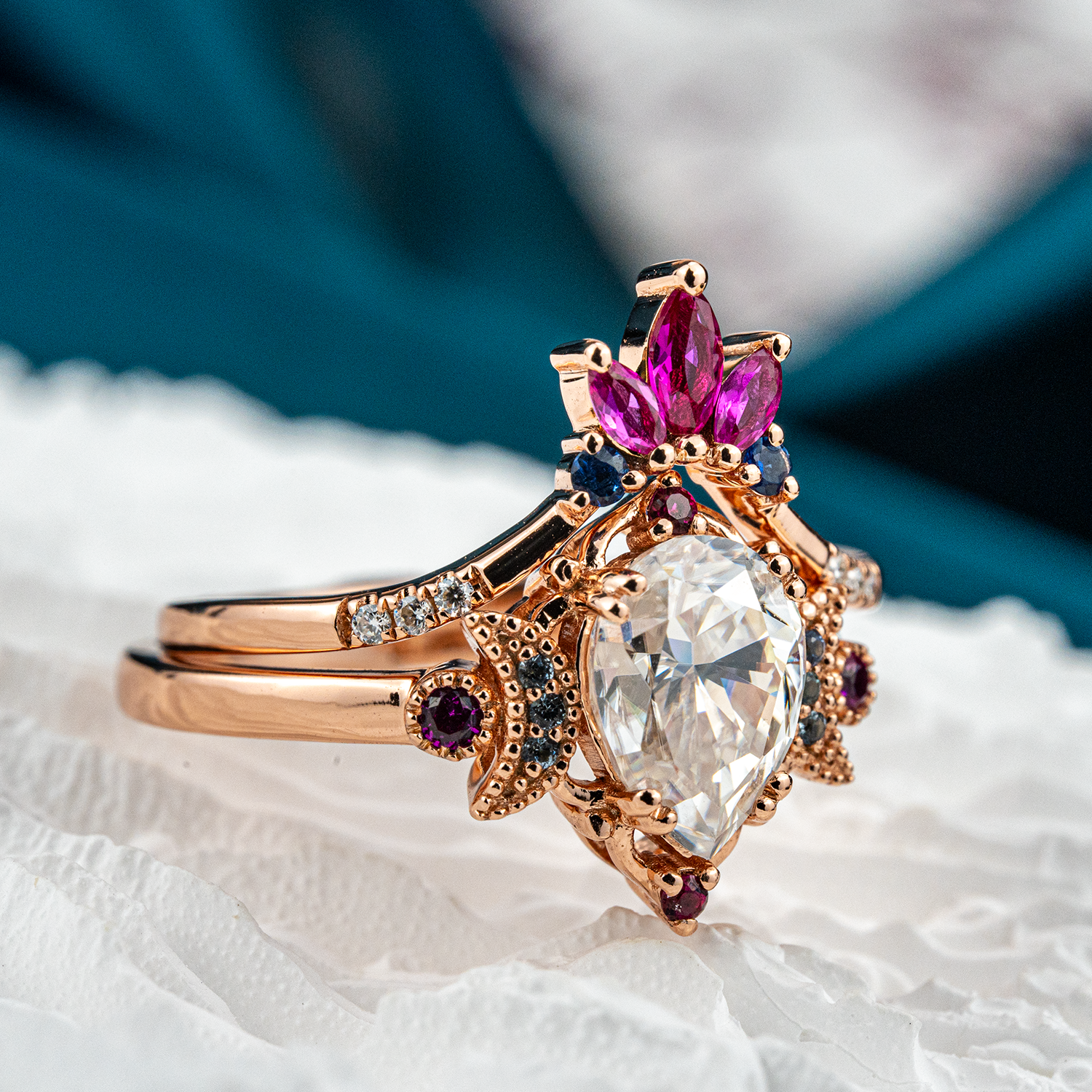 Pear Moissanite&Amethyst Engagement Ring Set.