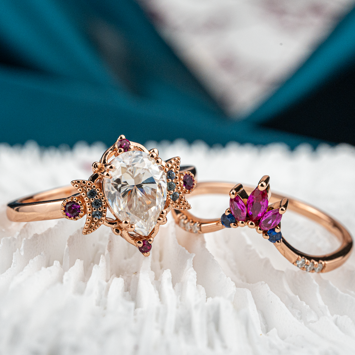 Pear Moissanite&Amethyst Engagement Ring Set.