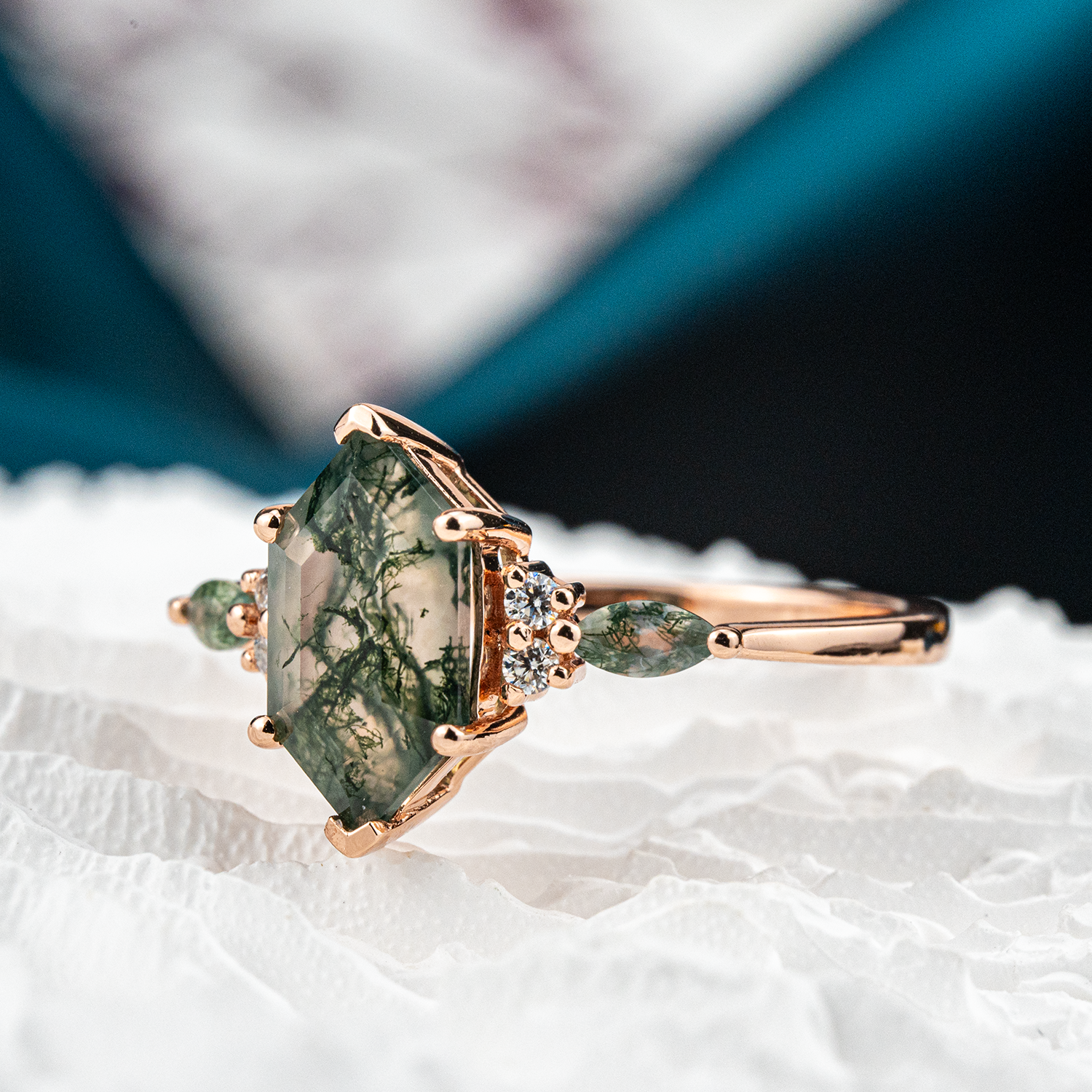 Unique Ring with Hexagonal Moss Agate stone - Statement accessory for any occasion