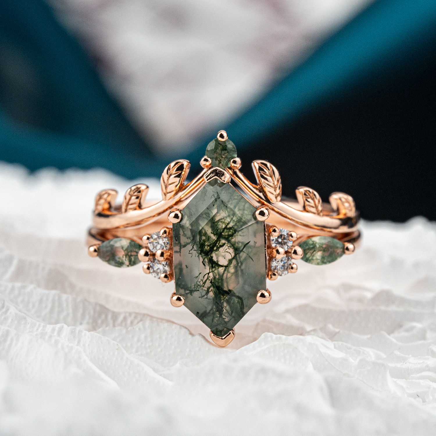 Nature-inspired Moss Agate Ring Set enhancing beauty with its long hexagonal design