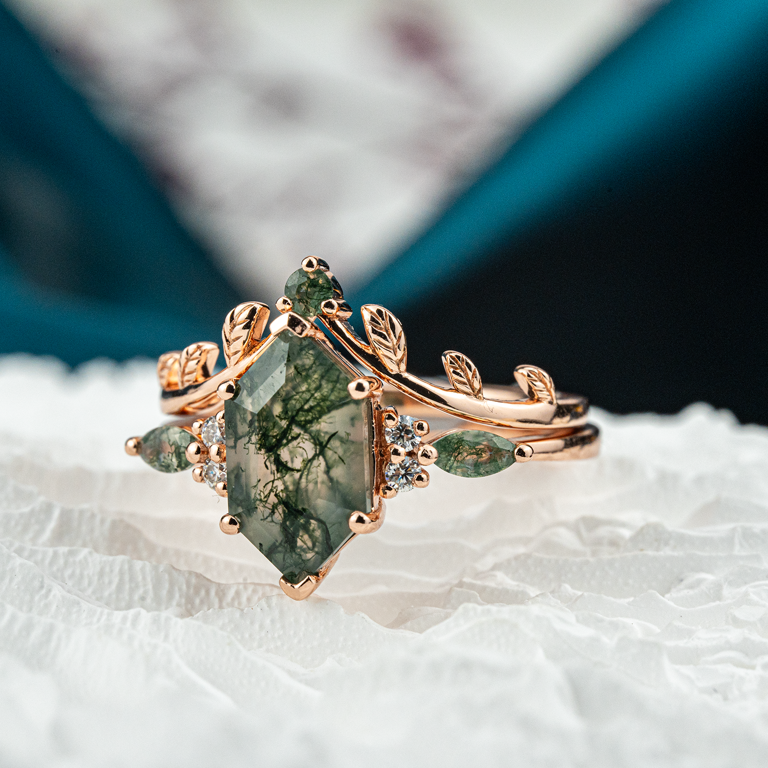 Nature-inspired Moss Agate Ring Set enhancing beauty with its long hexagonal design