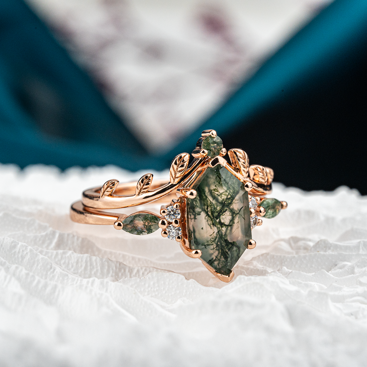 Nature-inspired Moss Agate Ring Set enhancing beauty with its long hexagonal design