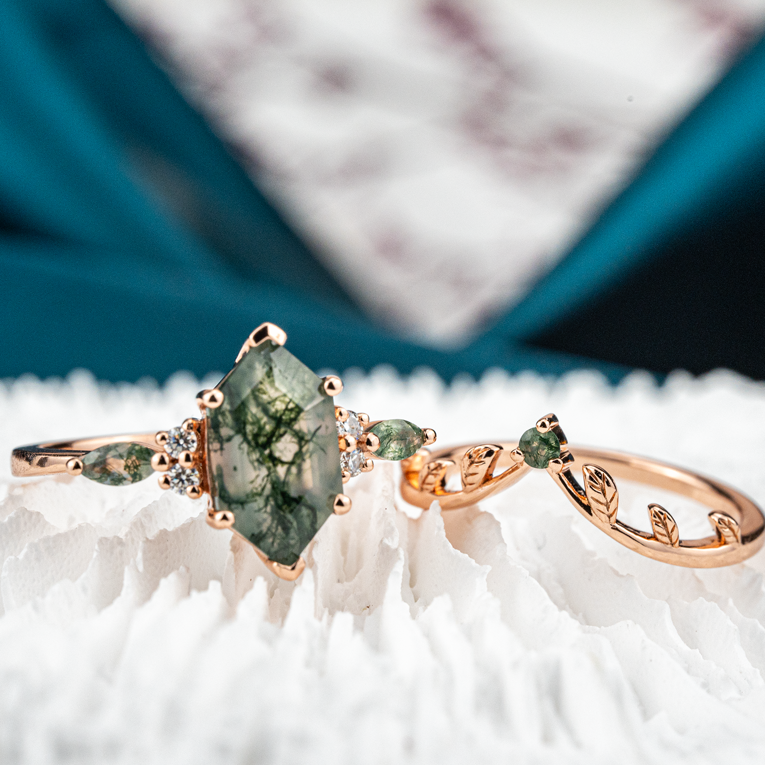 Nature-inspired Moss Agate Ring Set enhancing beauty with its long hexagonal design