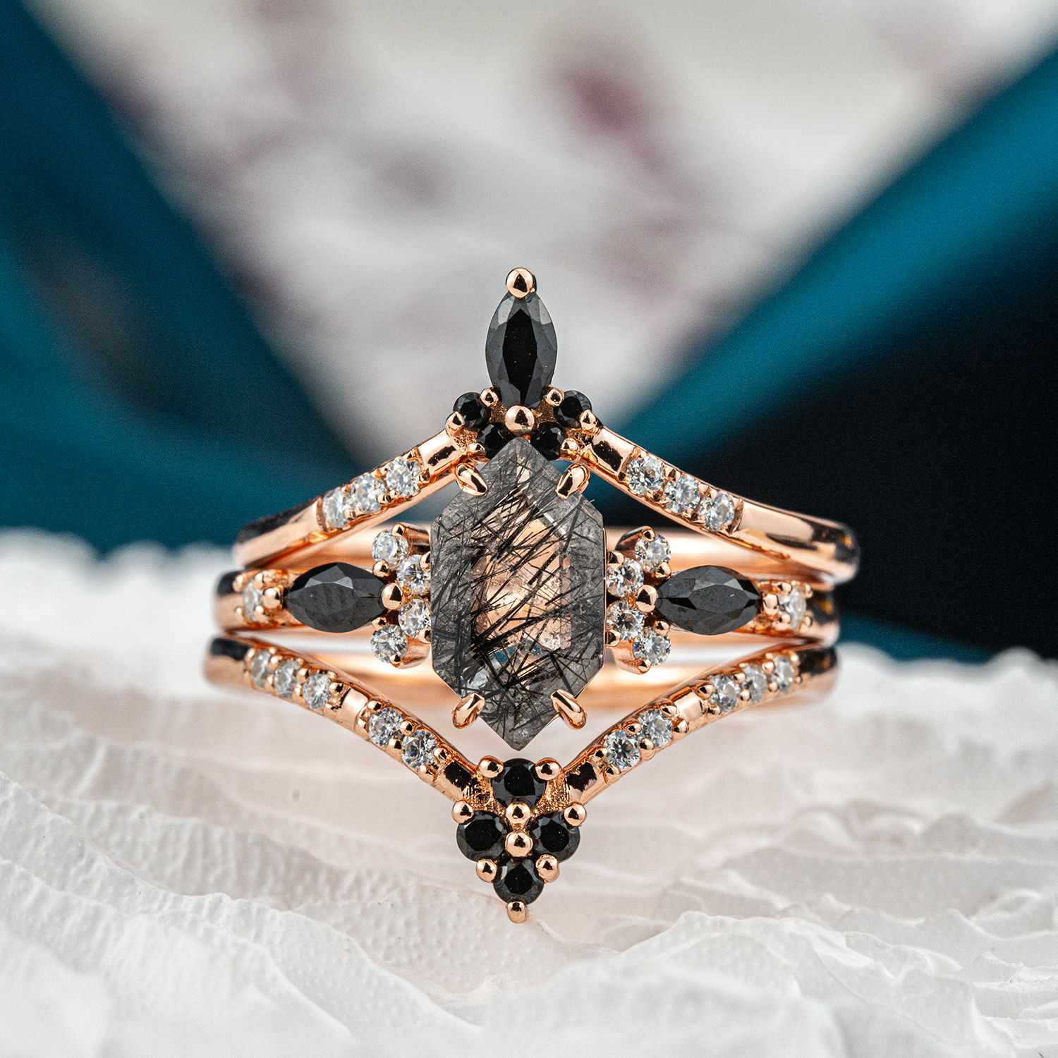 Stunning Tourmaline & Black Onyx Ring Set for Women - Hexagonal Design, Precious Gemstones