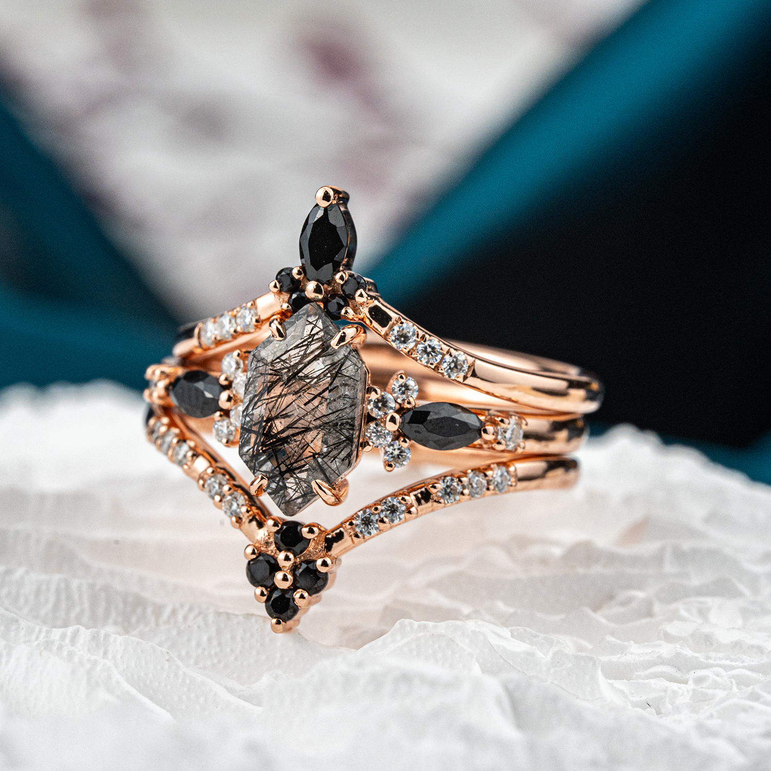 Stunning Tourmaline & Black Onyx Ring Set for Women - Hexagonal Design, Precious Gemstones