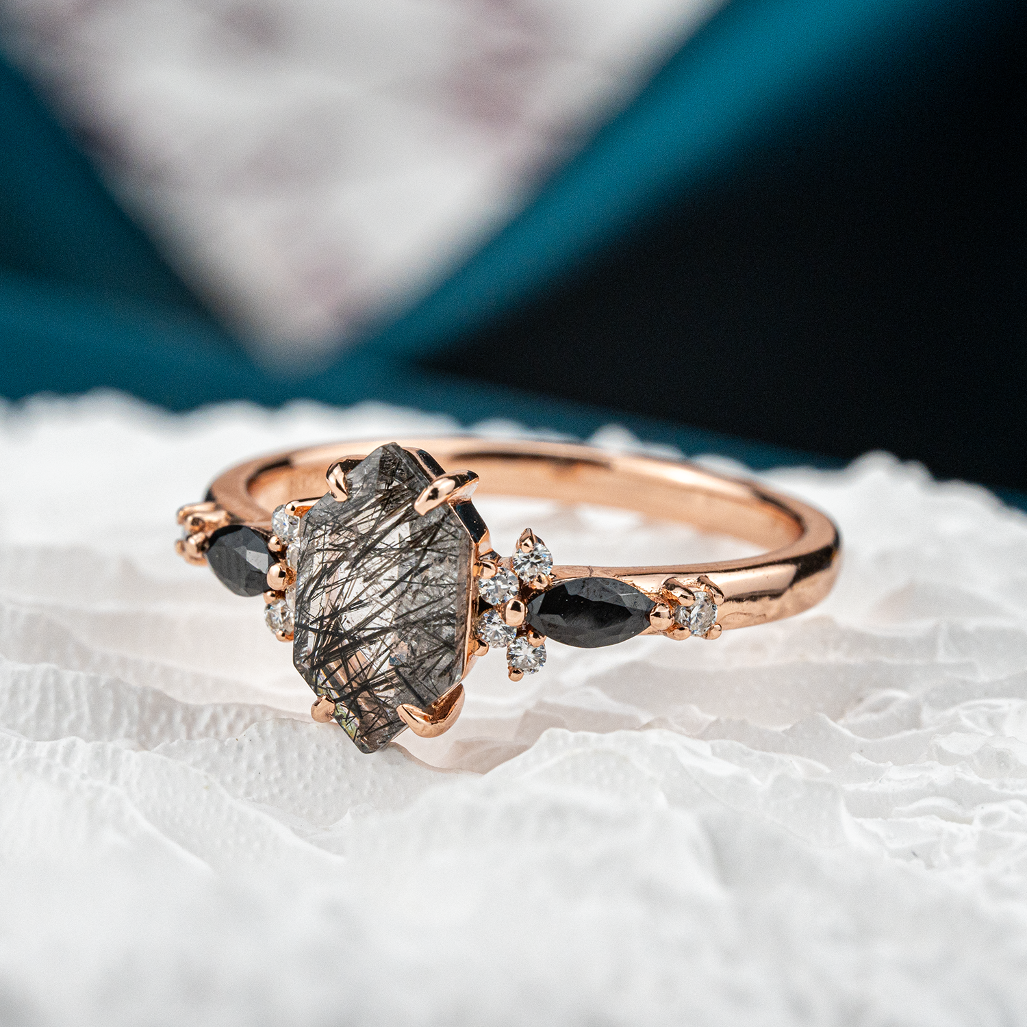 Hexagonal Tourmaline ring with Black Onyx gemstone - luxurious jewelry