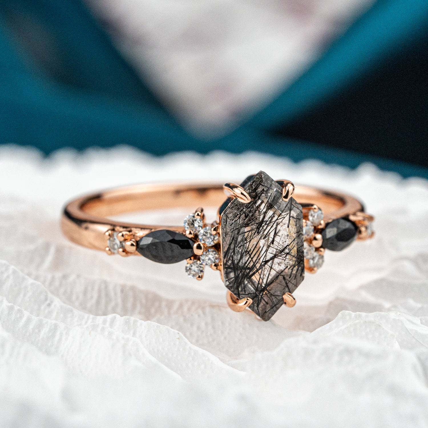 Hexagonal Tourmaline ring with Black Onyx gemstone - luxurious jewelry