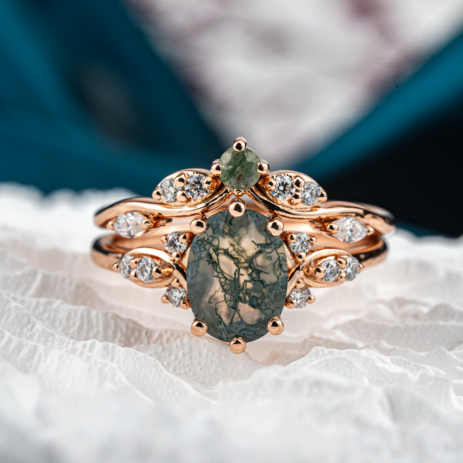 Elegant jewelry set with oval moss agate stones, moissanite gems in a nature-inspired design