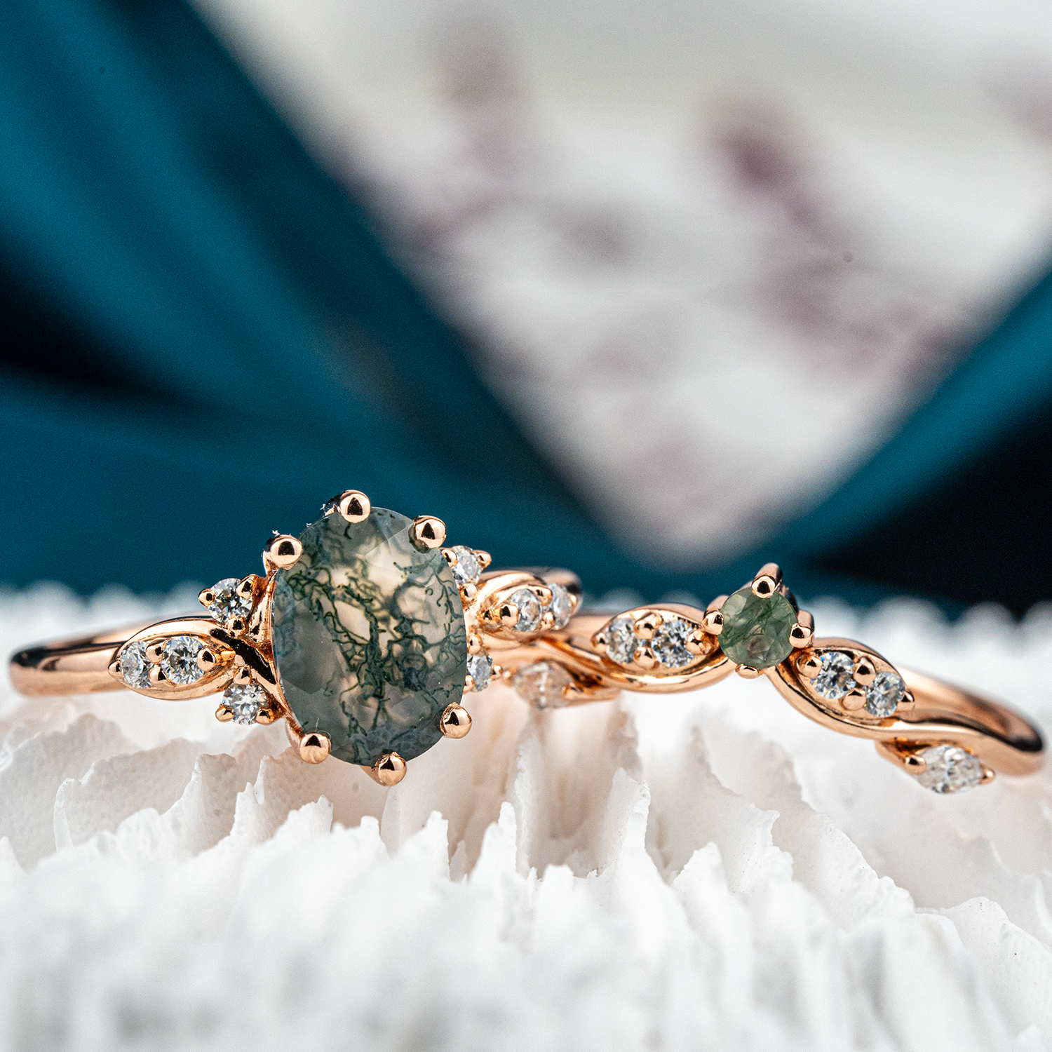 Elegant jewelry set with oval moss agate stones, moissanite gems in a nature-inspired design