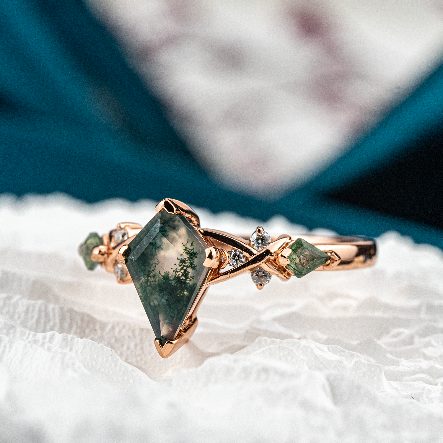 Unique Moss Agate and Moissanite Gemstone Leaf Ring for Women - Organic Nature Inspired Jewelry